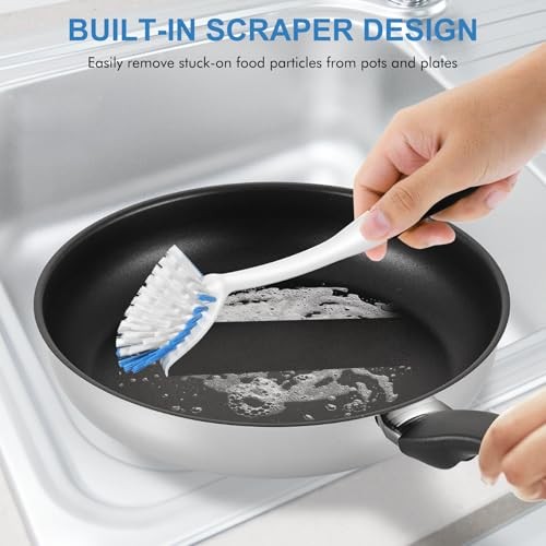 Dish Brush with Handle – 2 Pack Stiff Bristles Dish Scrubber – Black-Blue