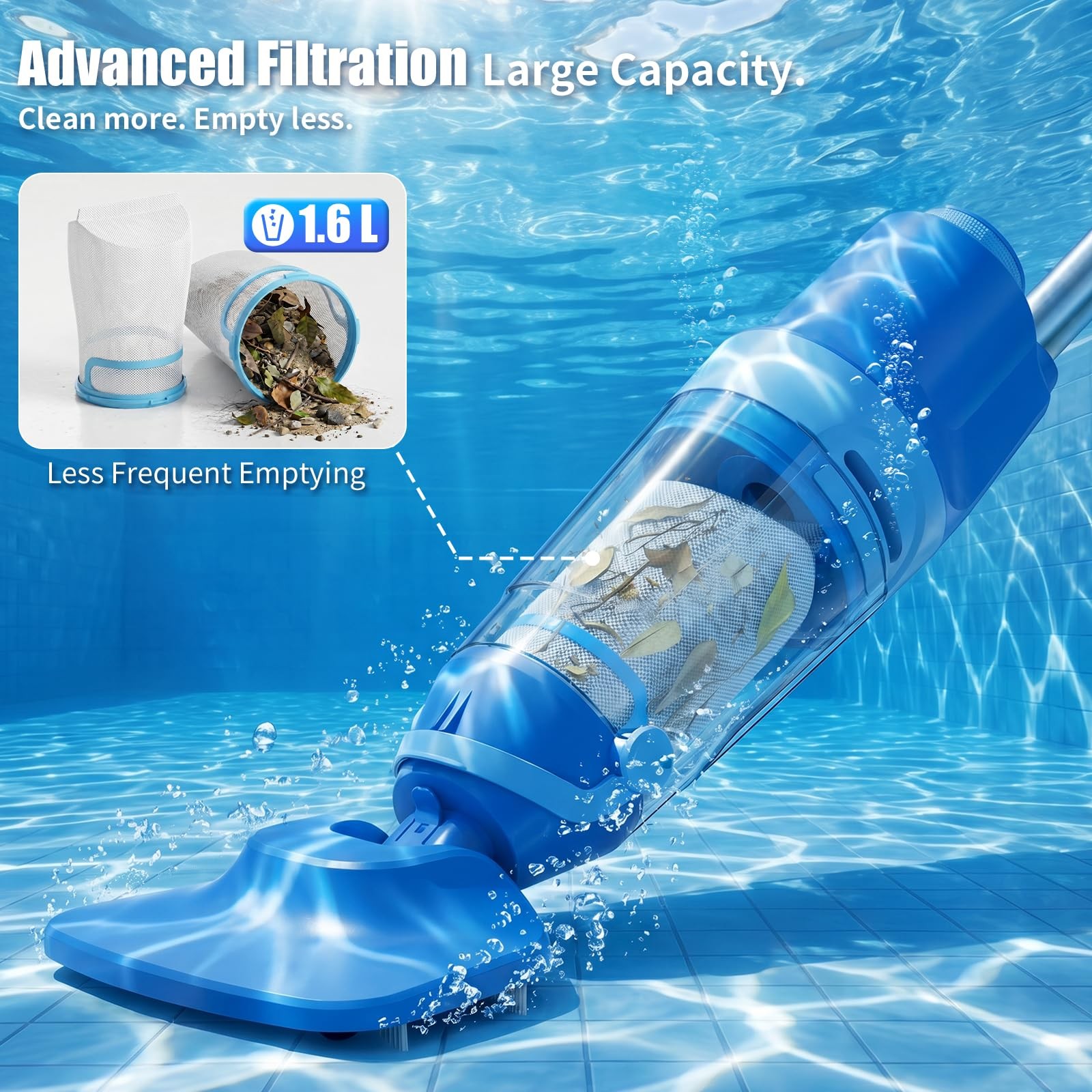 Cordless Pool Vacuum for Inground & Above Ground Pools: Ocean Blue(23.8 GPM)