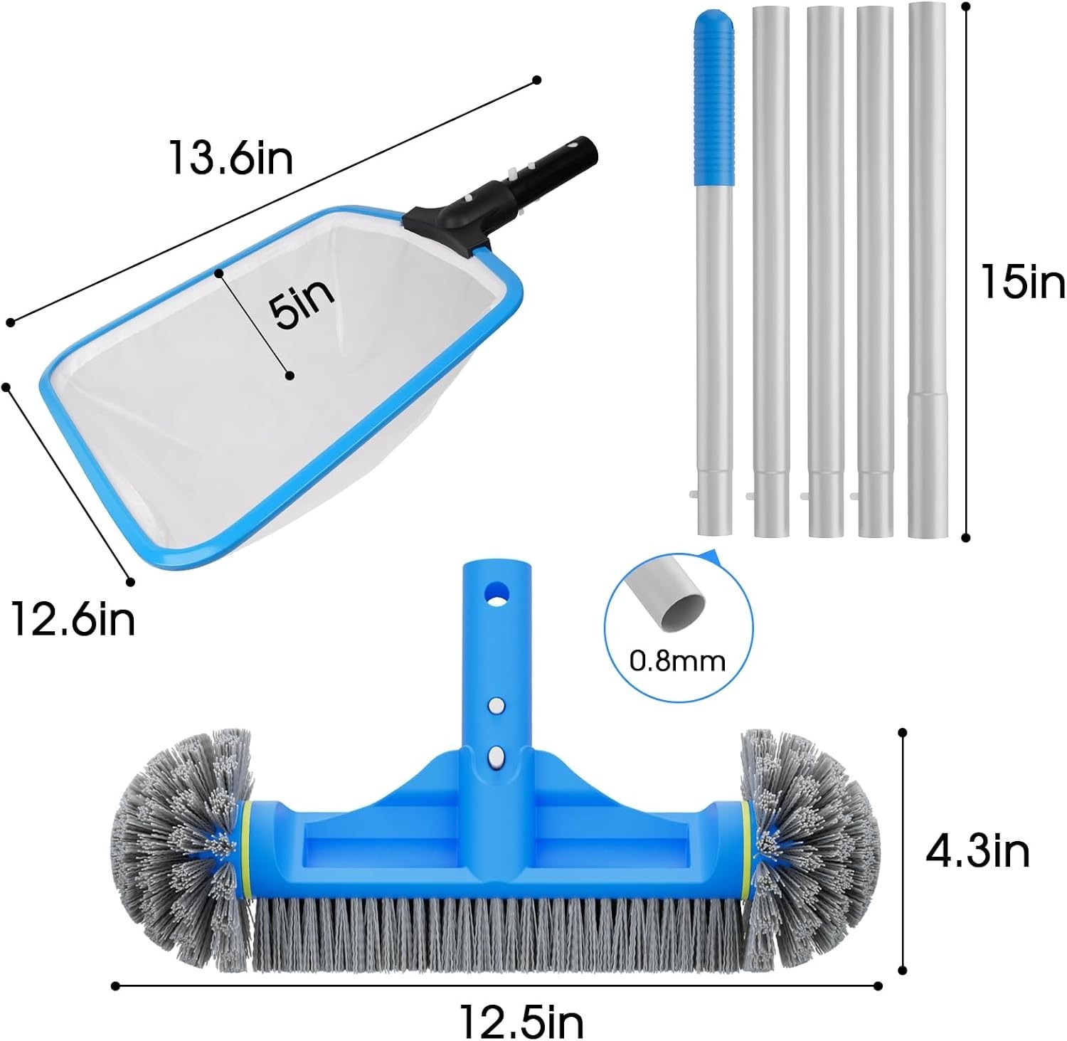 3PCS Pool Cleaning Kit – 12.5 » Pool Brush Round & 11 » Pool Skimmer Net Fine…