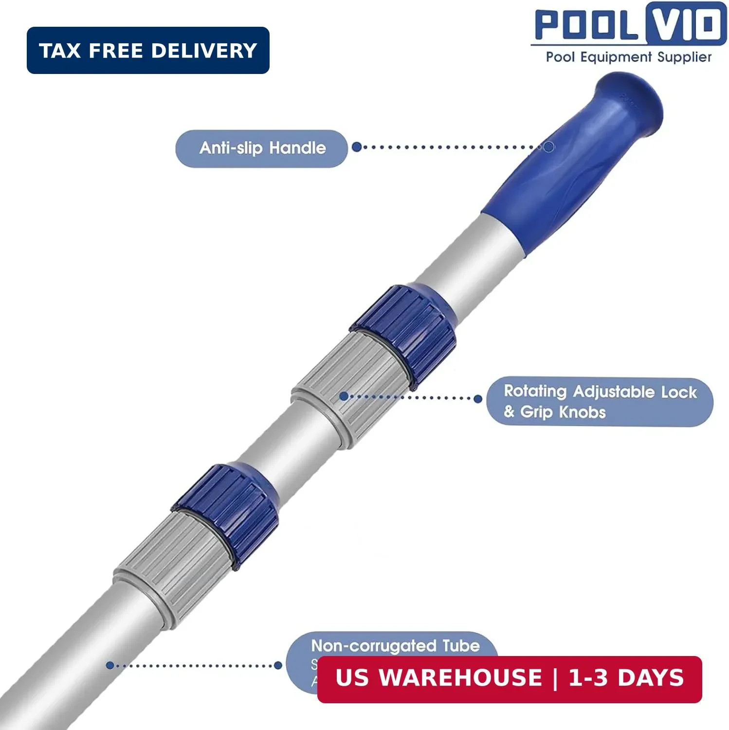 Poolvio 15 FT Telescopic Pool Pole – Adjustable 3 Piece Aluminum Pool Skimmer Po