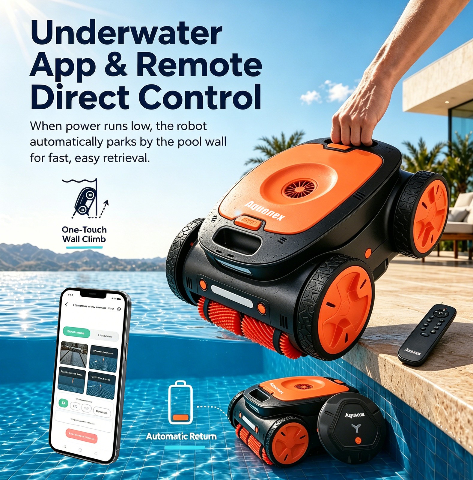 Cordless Robotic Pool Cleaner App & Remote Direct Control, Signal Buoy, 5-Motor