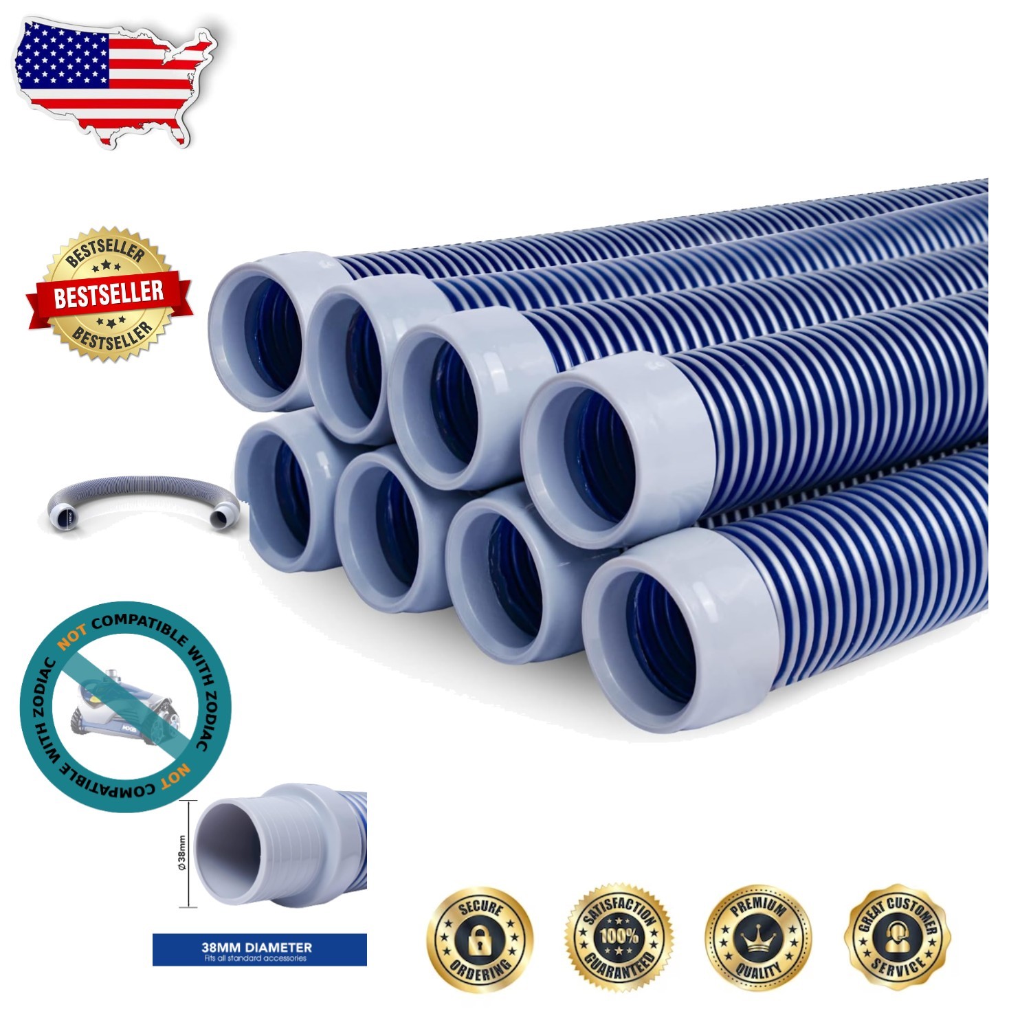 Heavy Duty Pool Cleaner Hose – 8 Piece 26ft, Flexible Polypropylene, Gray/Blue