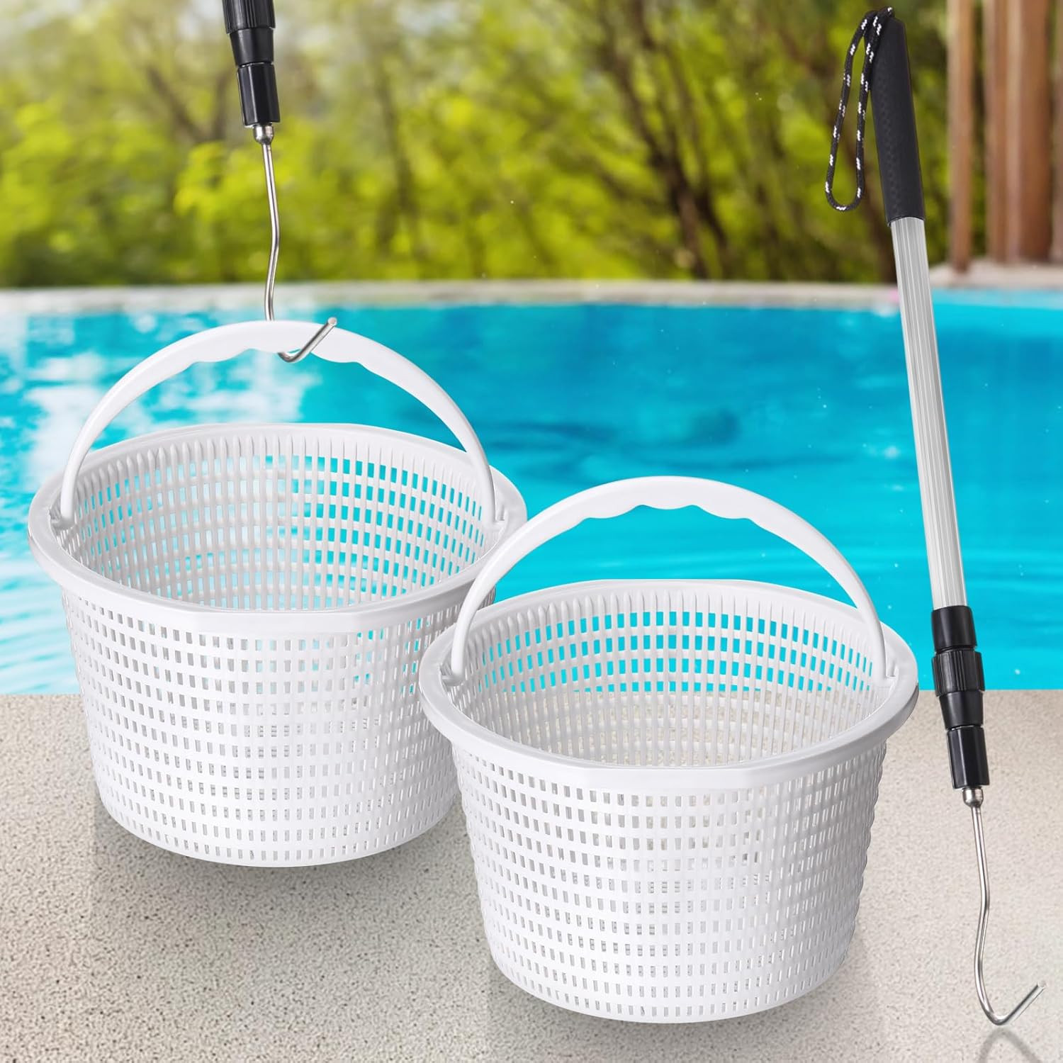3 Pcs Pool Skimmer Basket with Extendable Hook for Cleaning