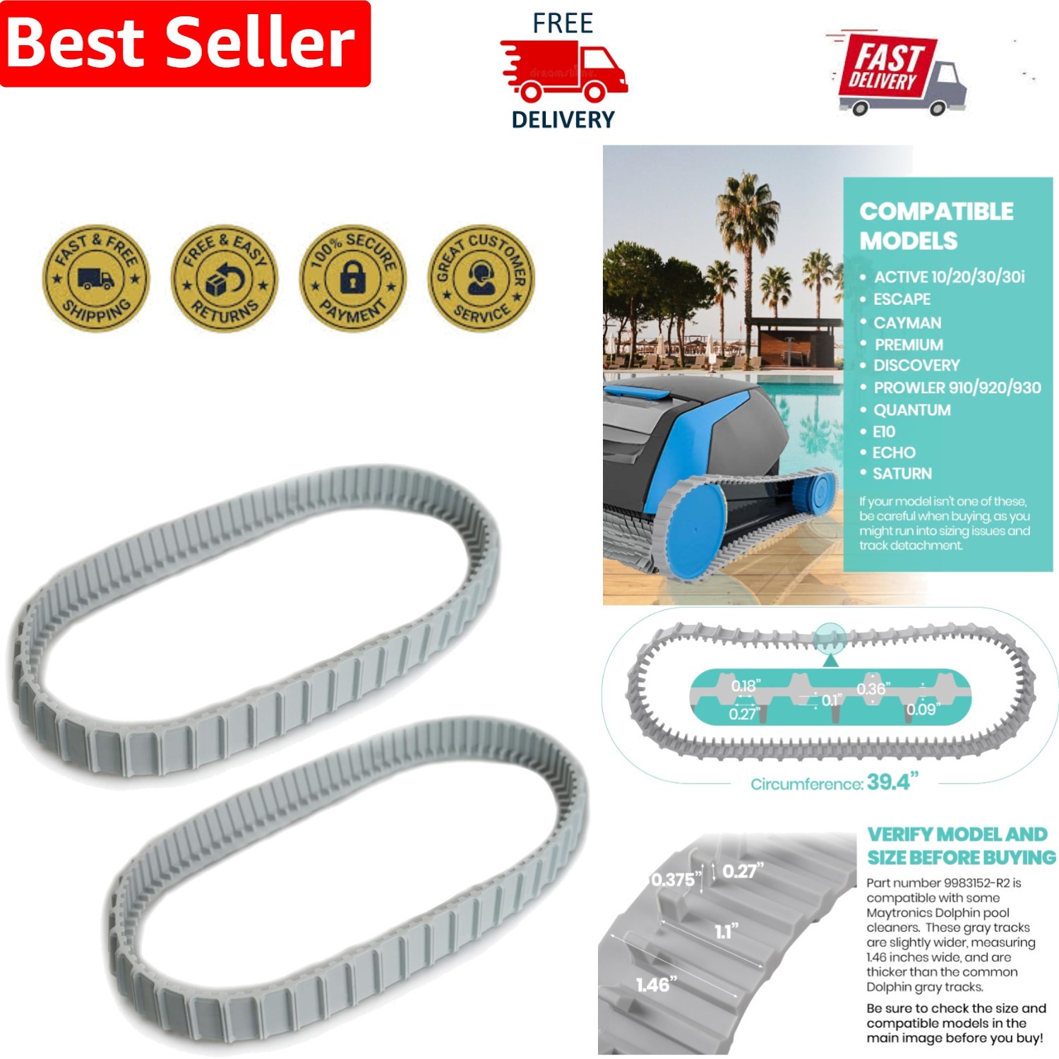 2 Pack High-Quality Gray Tracks for Dolphin Robotic Pool Cleaners – 9983152-R2