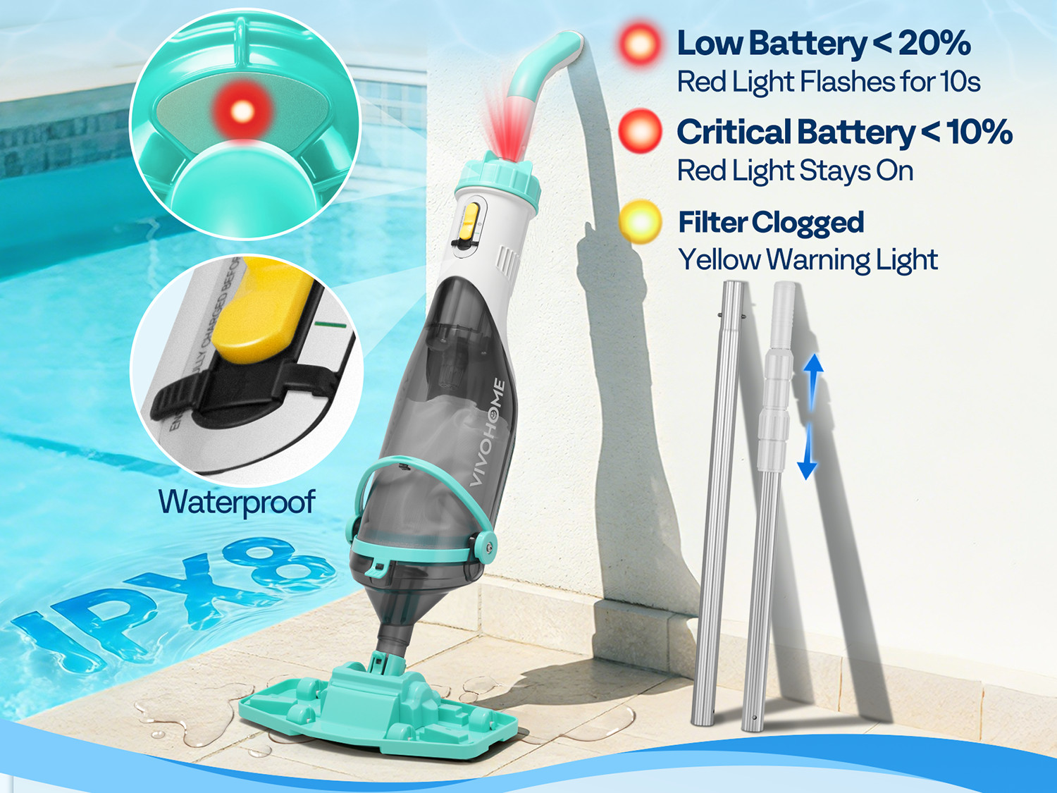 Cordless Rechargeable Pool Vacuum Handheld Cleaner w/ Telescopic Pole 60min IPX8