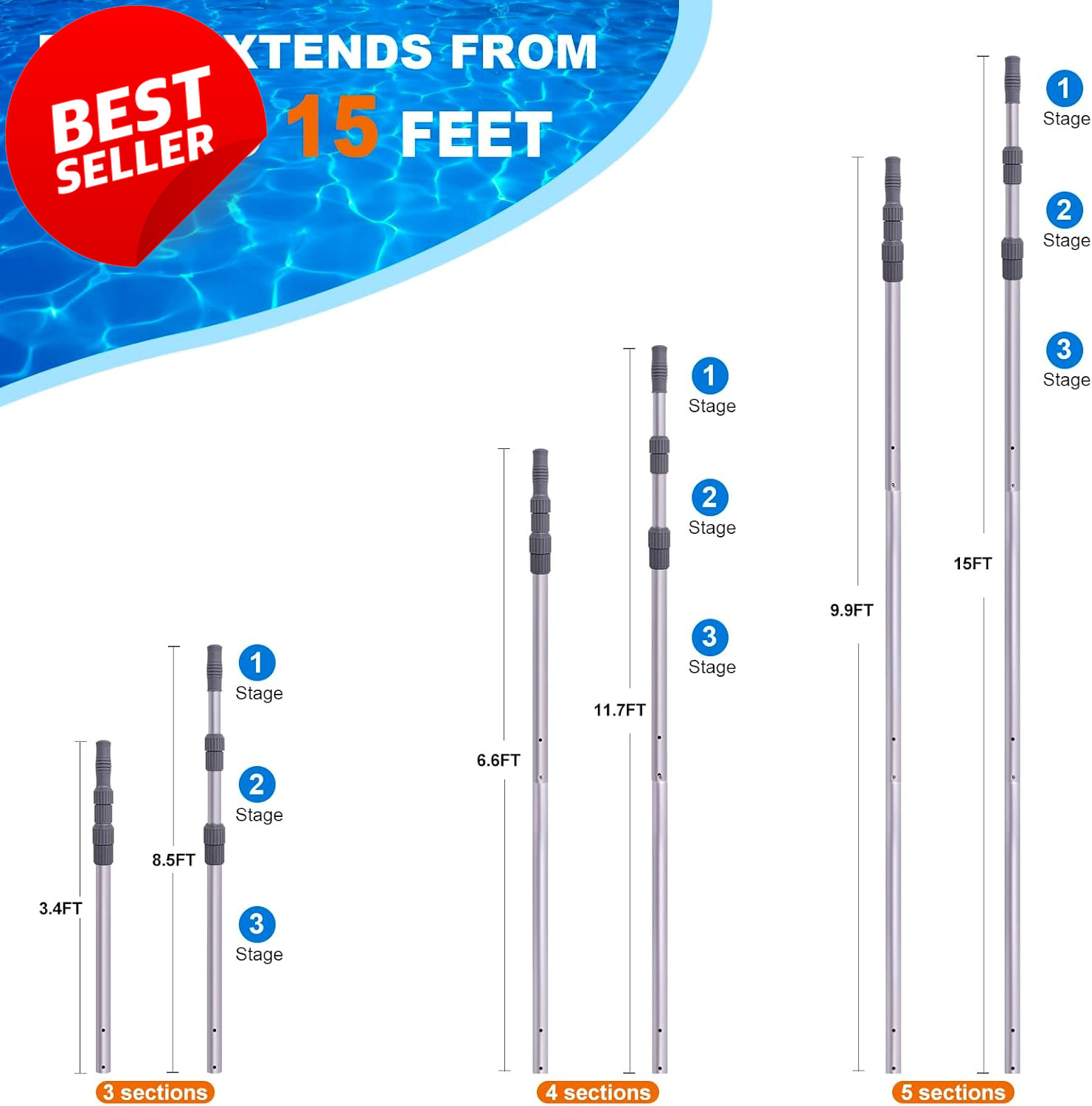 15 Ft Telescoping Pool Pole Adjustable Aluminum Skimmer Net Brush Vacuum – US