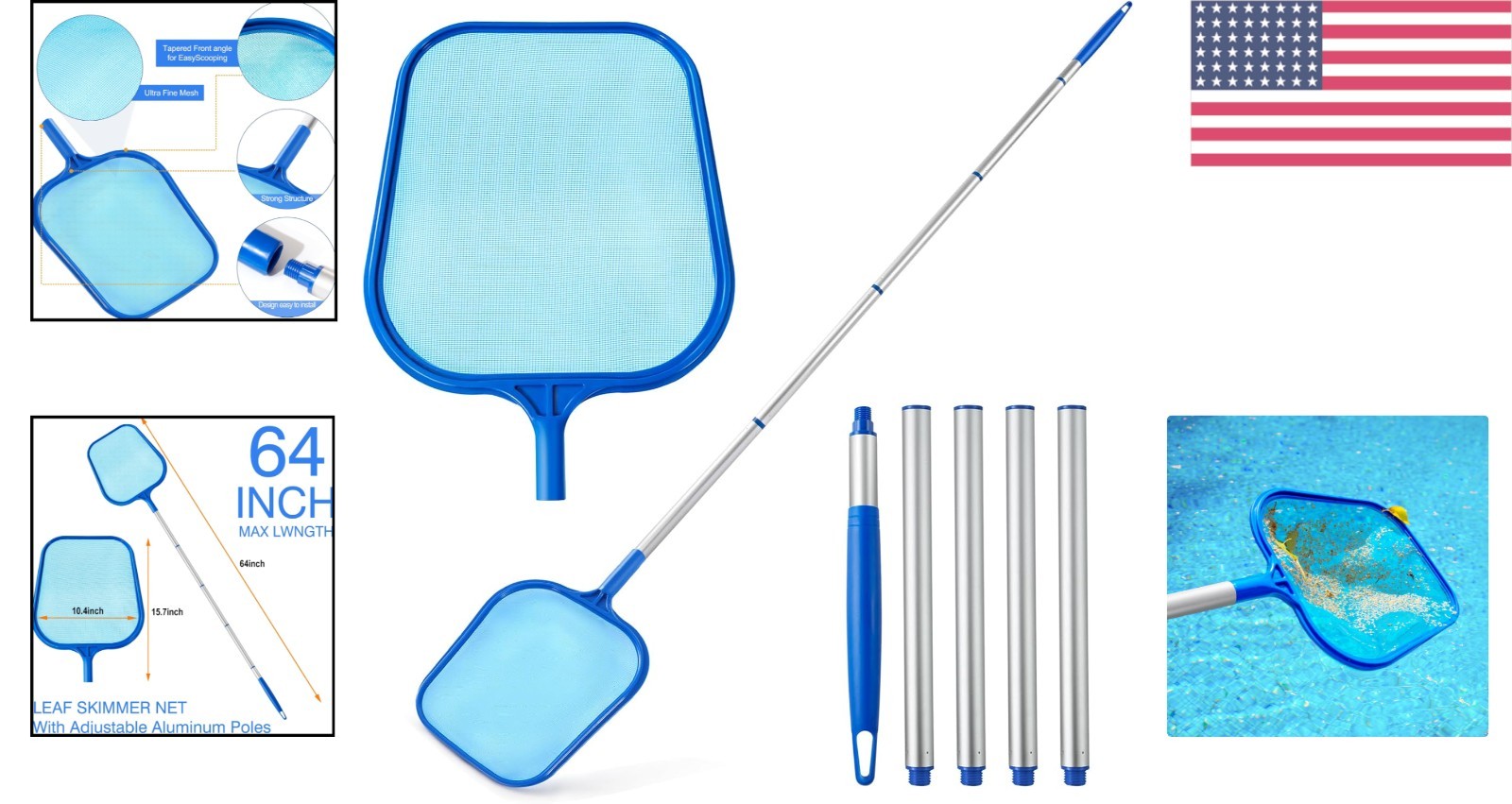 Pool Skimmer Net with 5-Section Adjustable Pole for Effortless Cleaning