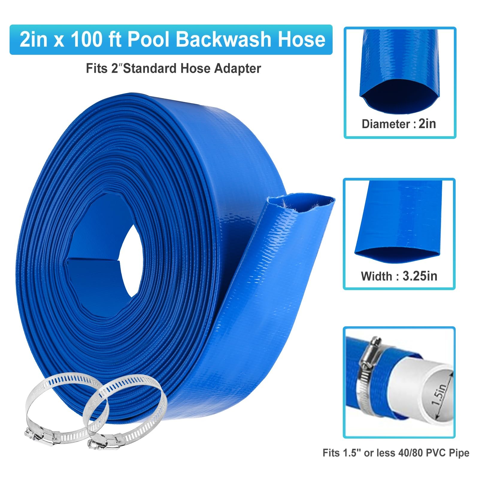 OCGIG 2&Prime; x 100 FT Pool Backwash Hose, Heavy-Duty 100 feet x 2 inches, 100FT