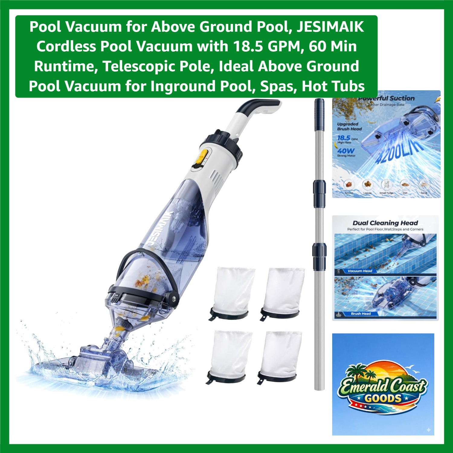 Cordless Pool Vacuum with 18.5 GPM Suction & 60 Min Runtime – Ideal for All P…