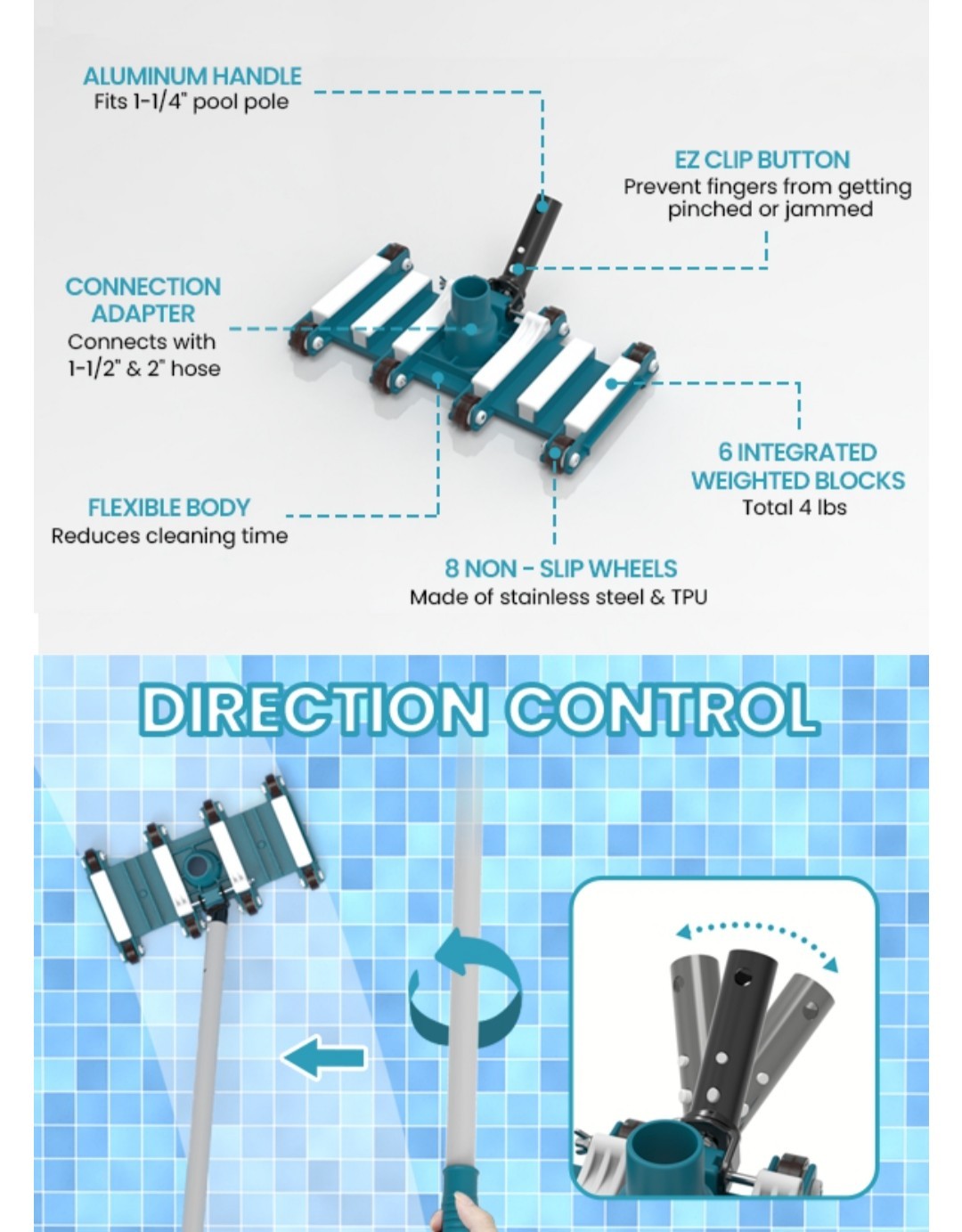 14&Prime; Professional Pool Vacuum Head With Wheels For Inground & Above Ground Pools