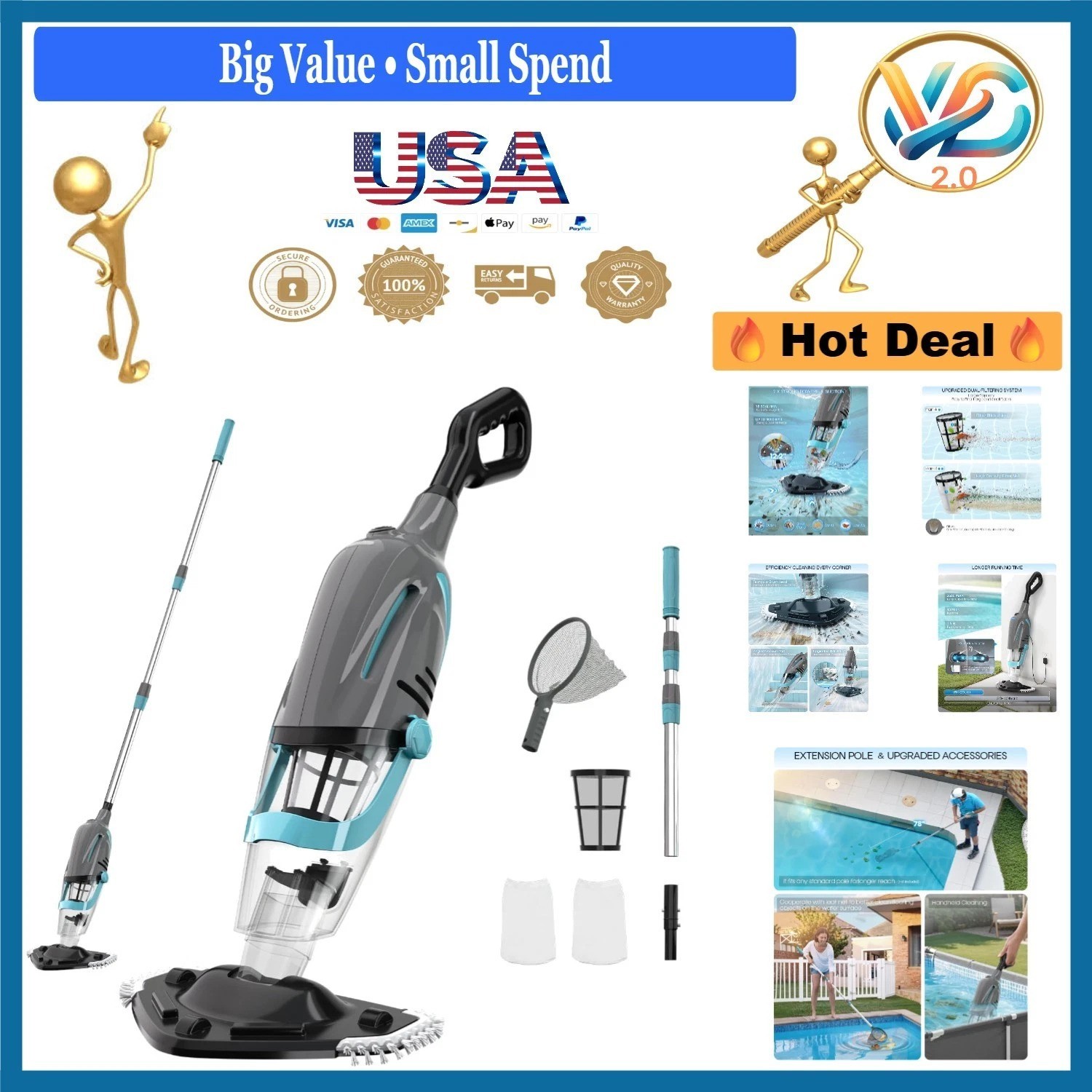 Cordless Pool Vacuum Handheld Above Ground with Telescopic Pole, Dual Filter,…