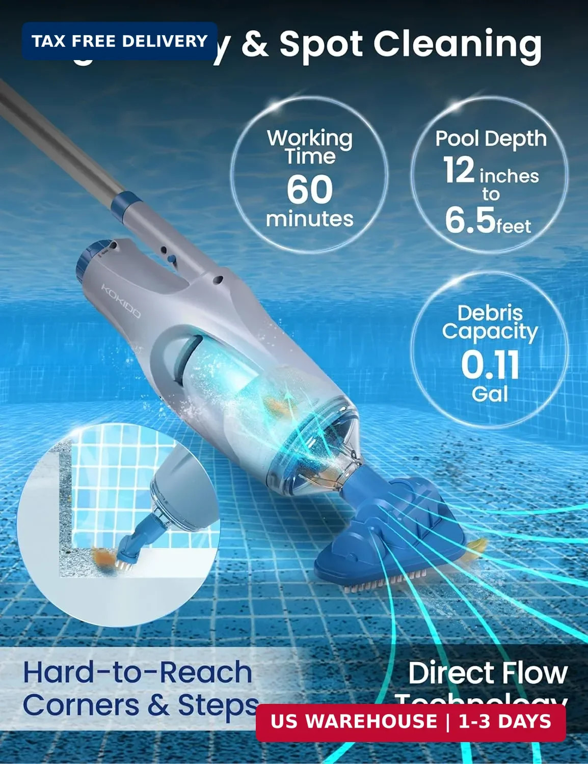KOKIDO Cordless Handheld Pool Vacuum for Above Ground Pool, with 6ft Pole and 2
