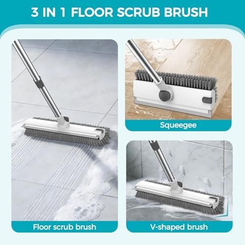 Floor Scrub Brush, 3 in 1 Floor Scrub Brush with 54-in Adjustable Grey White