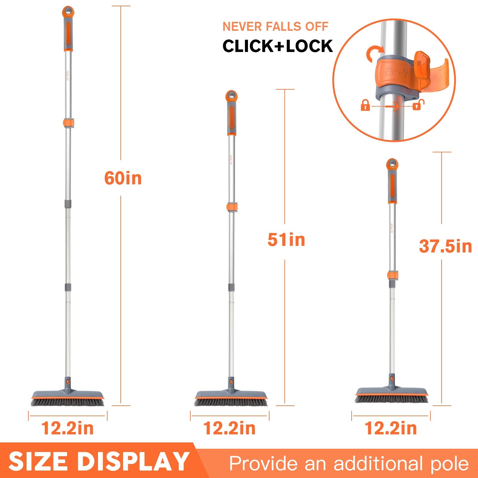 Eazer 2-in-1 Floor Scrub Brush with Long Handle, Soft/Hard 60in, Orange