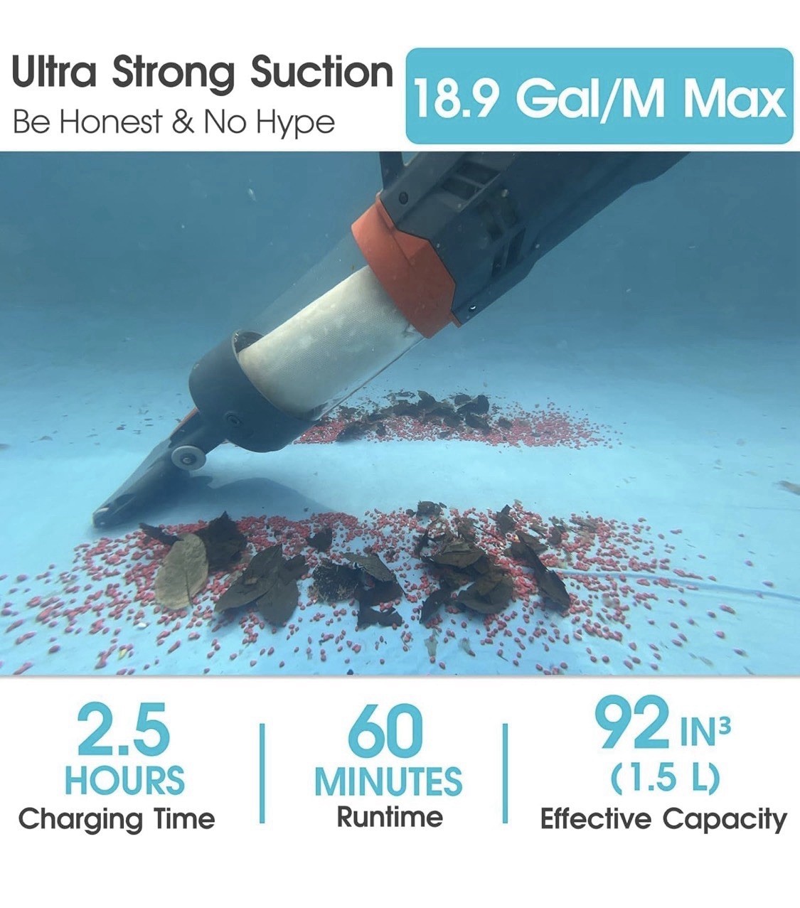 AQUAFYSH Cordless Pool Vacuum 25 Micron Fluff Ultra Fine Filter True Powerful