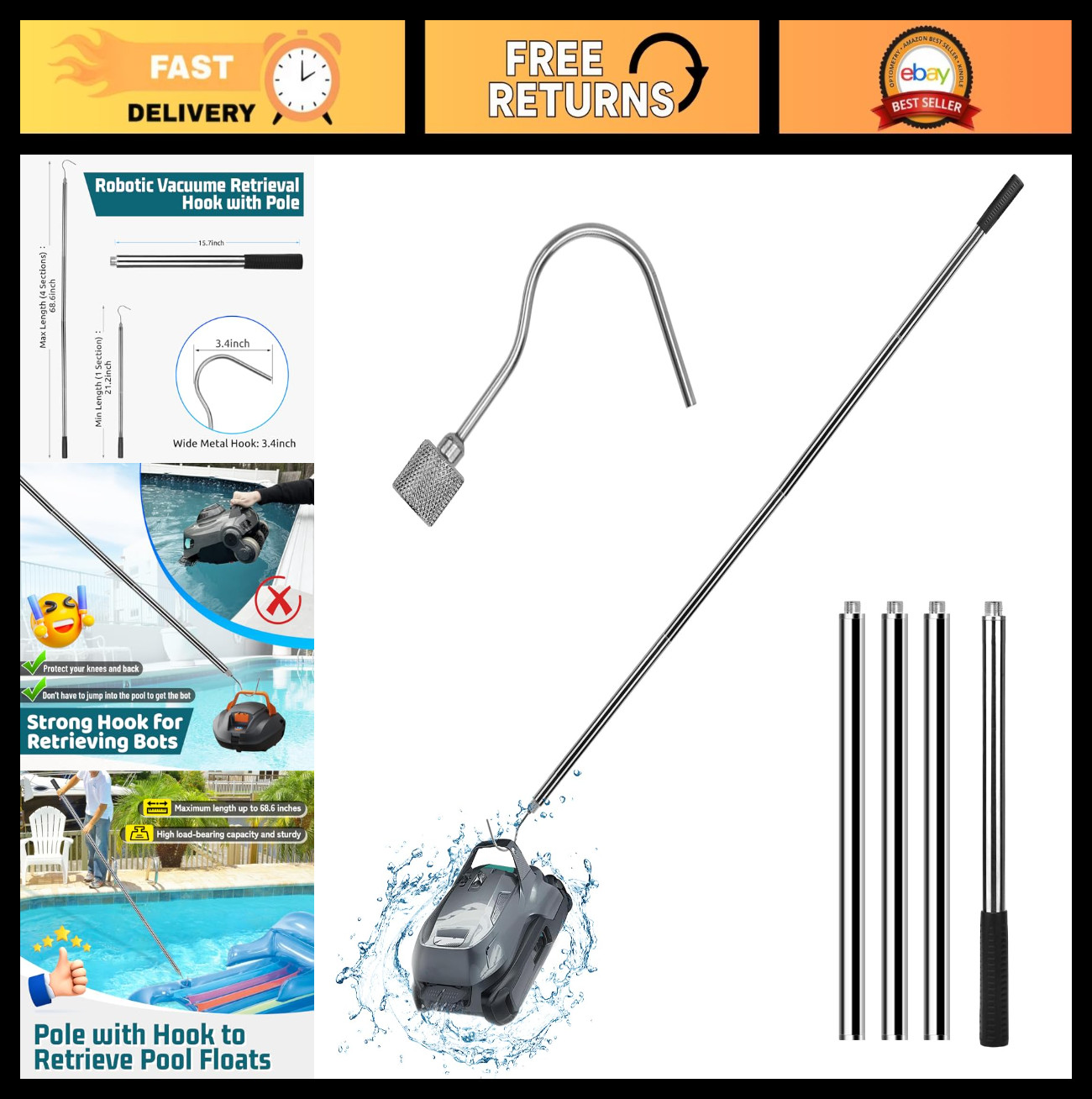 « Retrieval Hook for Robotic Pool Cleaner – 68 » Telescopic Cleaning Pole Accessor