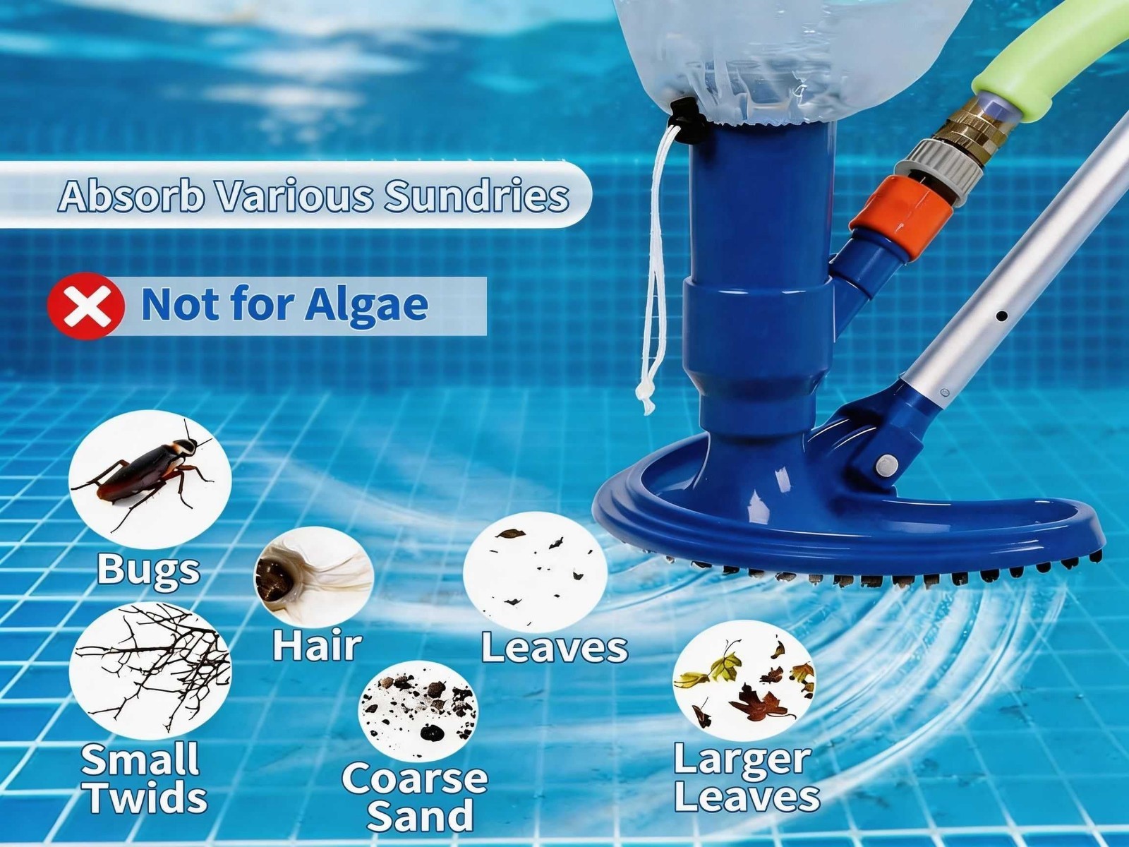 Handheld Pool Vacuum with 59&Prime; Pole – Garden Hose Powered, No Battery Needed, Und