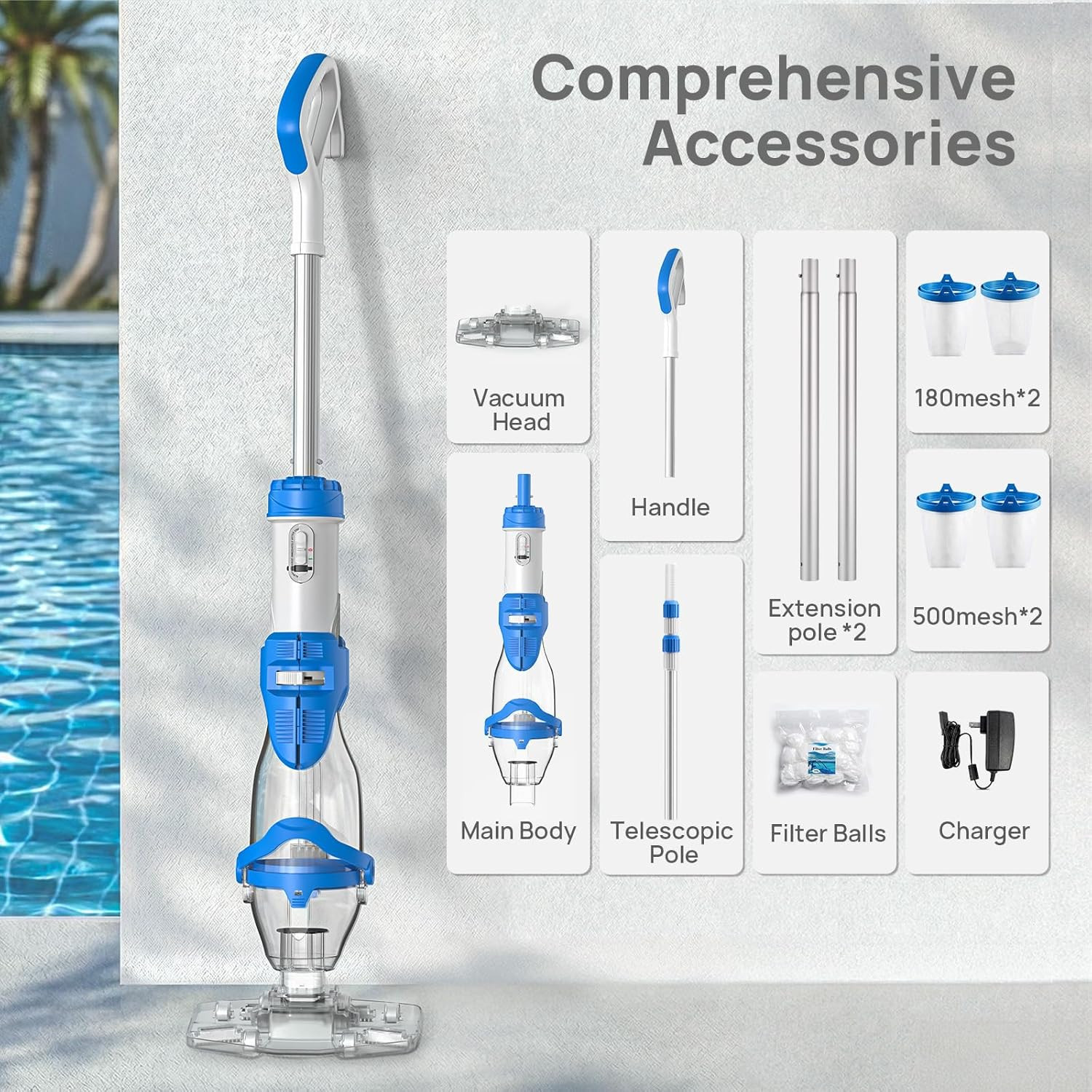 Upgraded Pool Vacuum for above Ground & Inground Pool, 75-Min Runtime, 113&Prime; (9.4