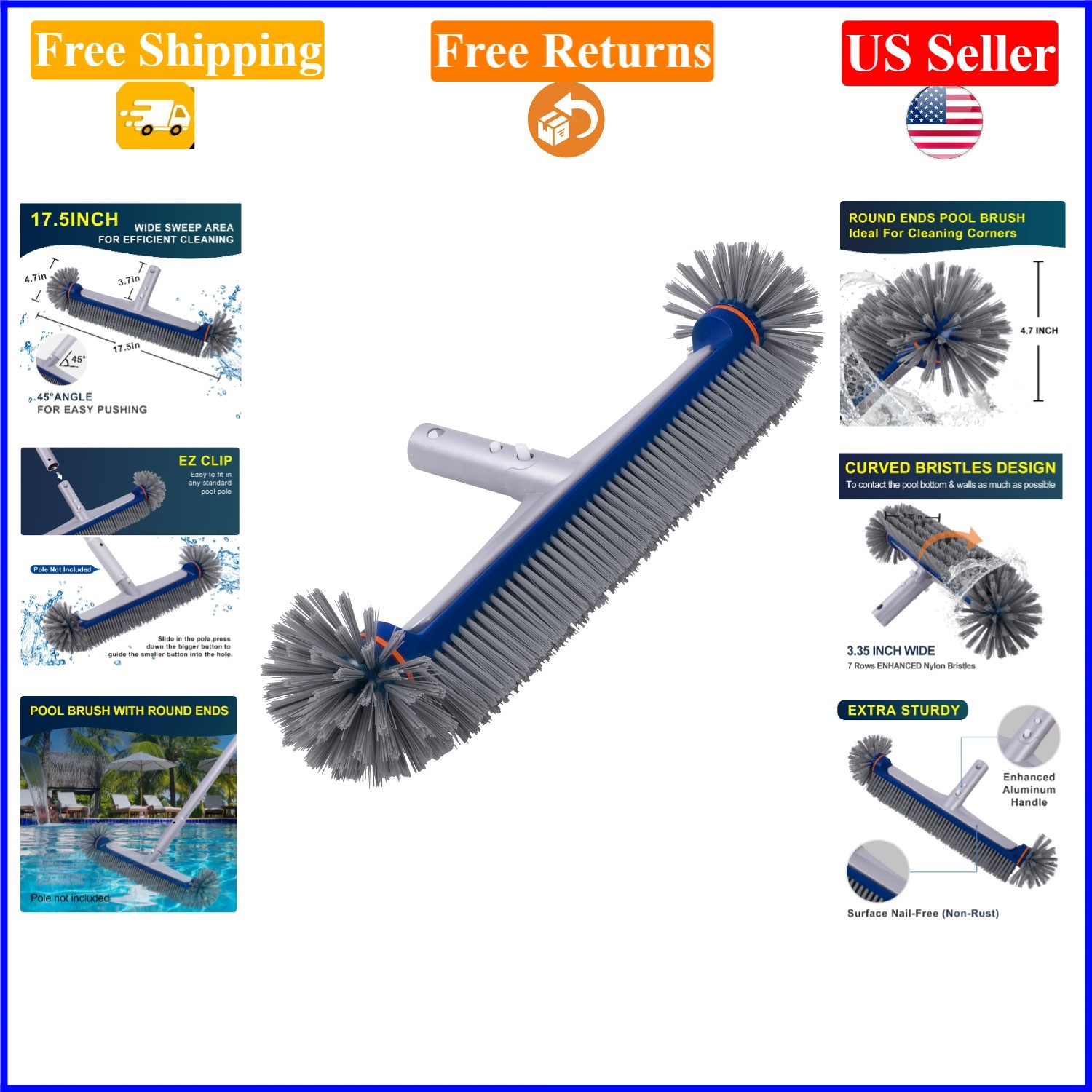 17.5&Prime; Heavy Duty Blue Pool Brush with Aluminum Handle for Inground & Above Gr…