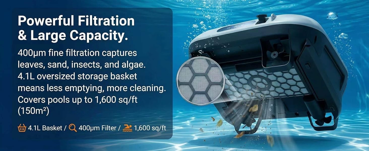 Cordless Solar Powered Robot Pool Skimmer, 150 Minute Runtime, 180-Micron Filter
