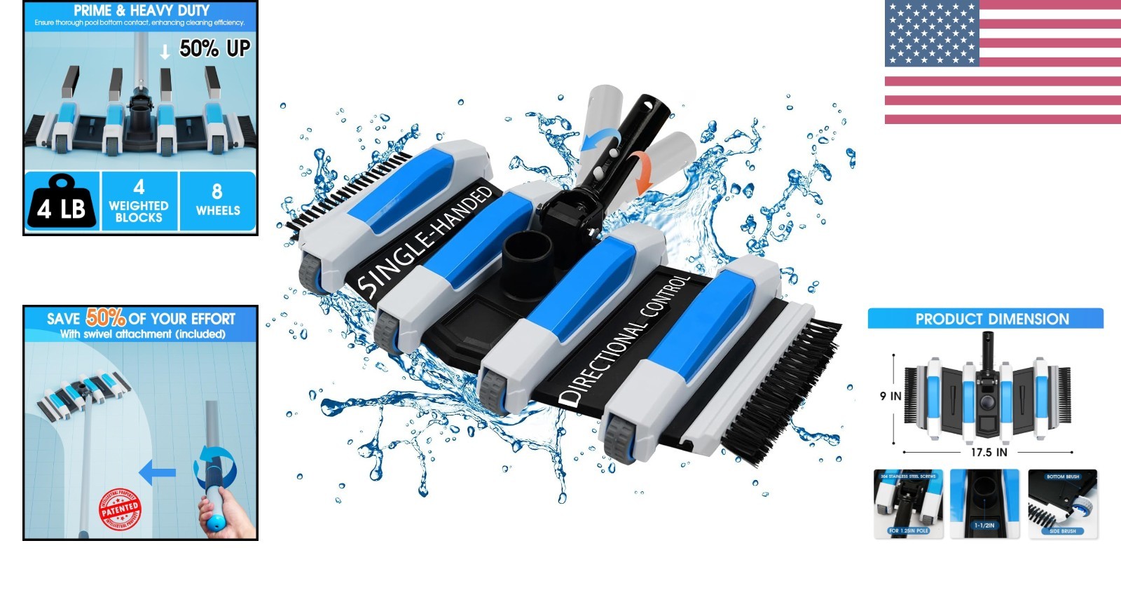17.5in Weighted Pool Vacuum Head with Direction-Control for Efficient Cleaning