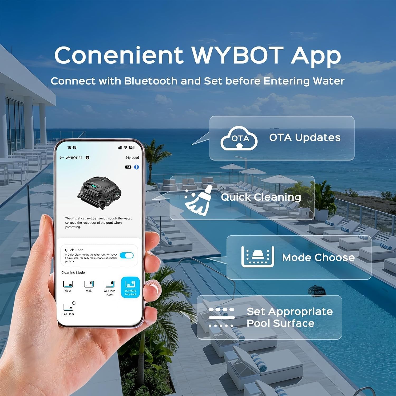 WYBOT B1 2026 Robotic Pool Cleaner Cordless Floor Wall Smart Navigation App