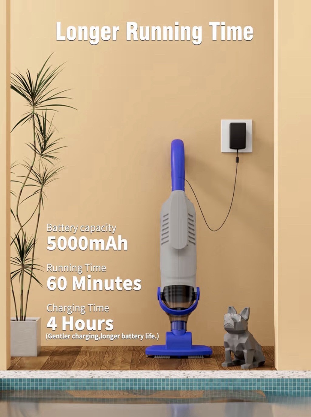 Pool Vacuum Above Ground 60w Motor,18 Gal/Min Powerful Suction 5000mAh Battery