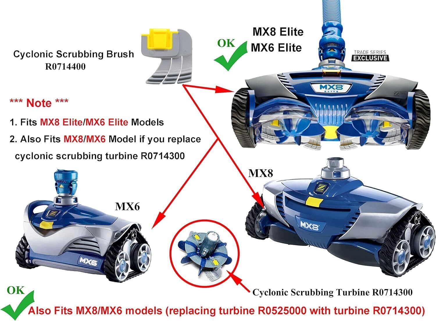 Tune Up Kit with Drive Shaft/Bearing/Scrubbing Brush for MX8 MX6 Pool Cleaner