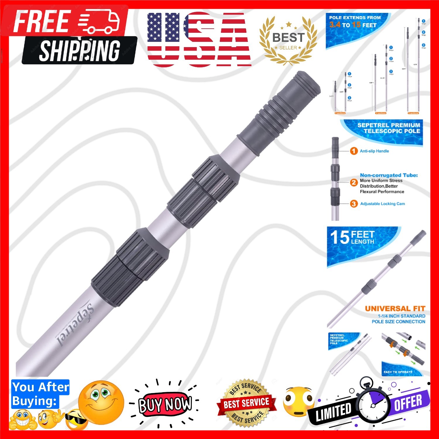 Pool Pole – Professional 15 Foot Telescoping Swimming Pool Cleaning Poles,Adj…