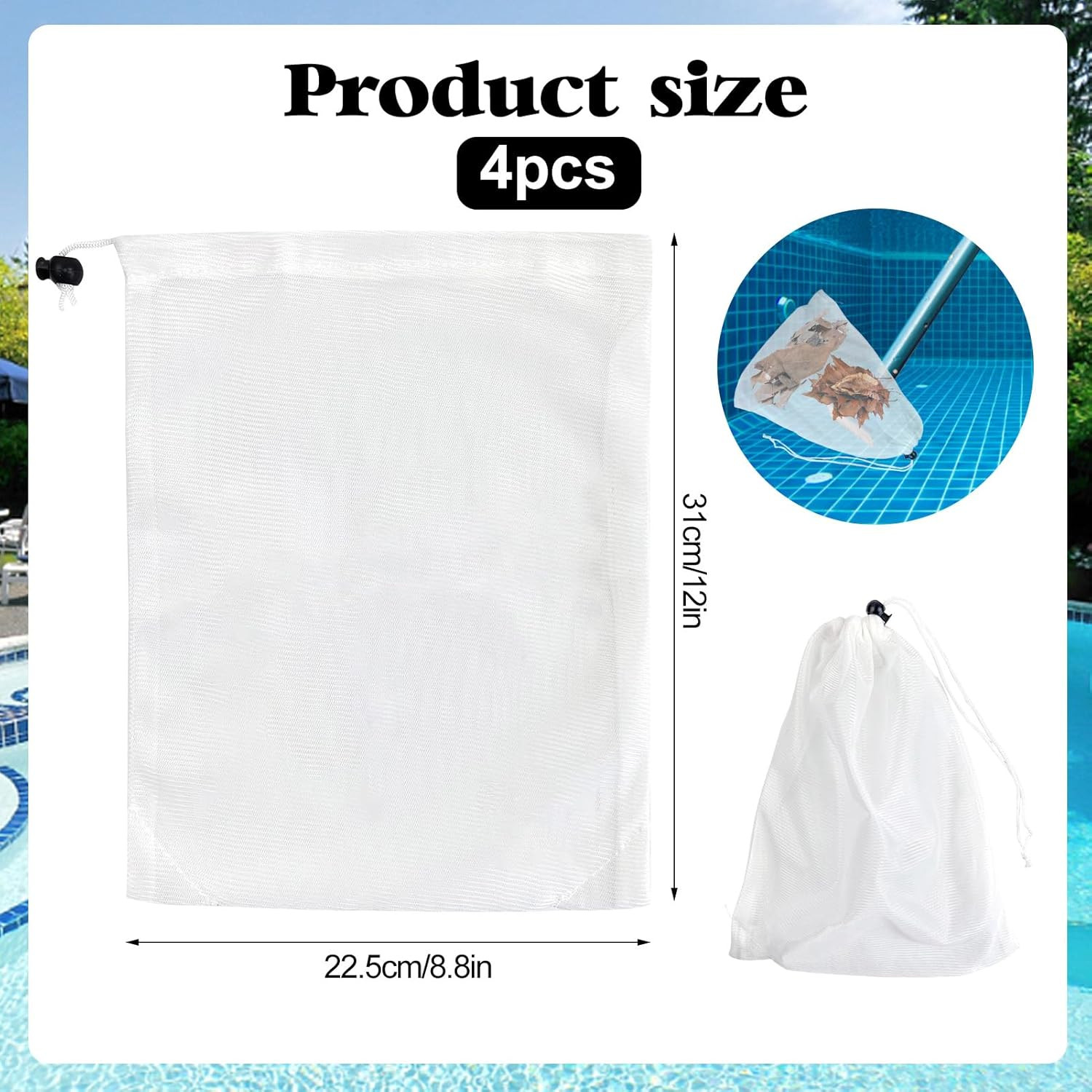 4Pack 12 X 8.8 Inch Pool Leaf Vacuum Net Bag Replacement for Swimming Pool