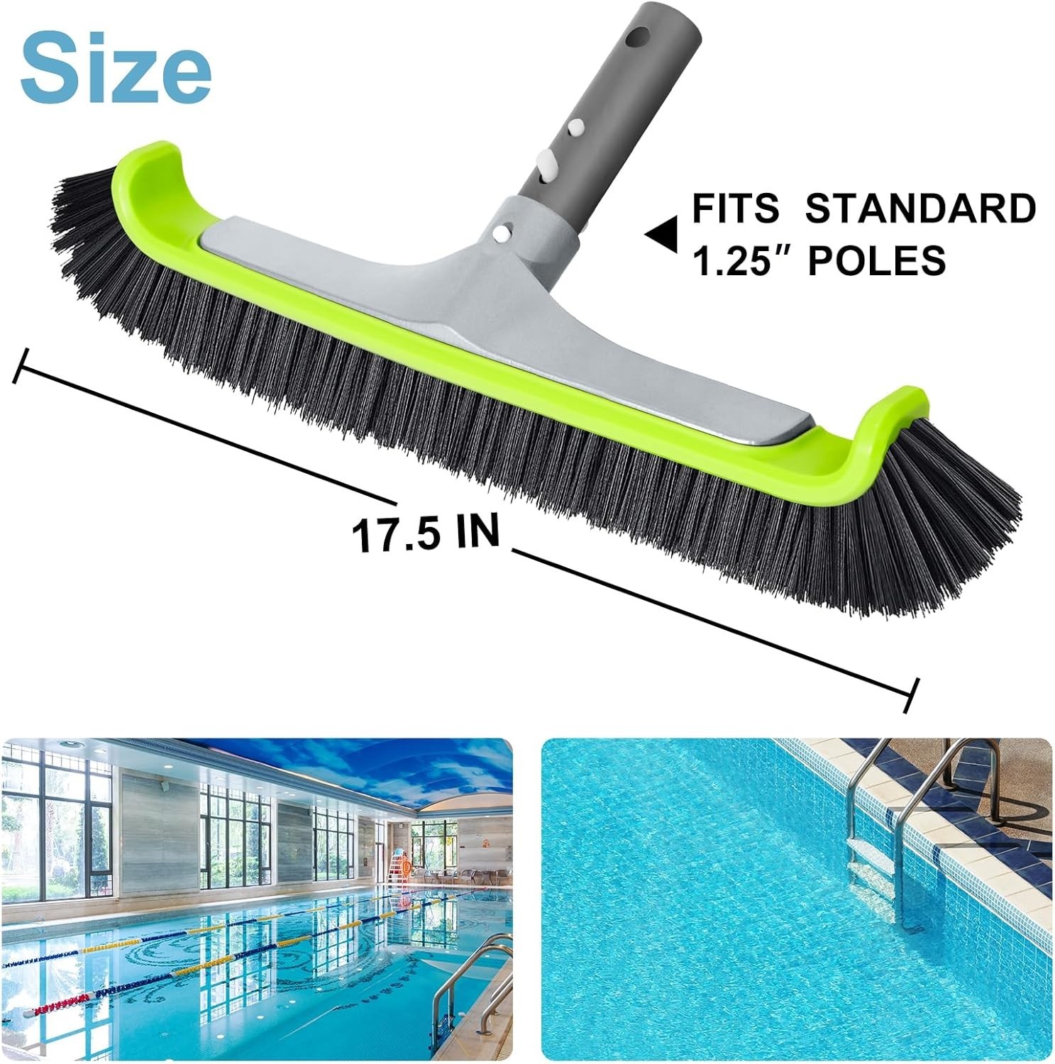 18&Prime; Pool Brush Head for Cleaning Swimming Walls, Curved Ends Scrub Brush Black