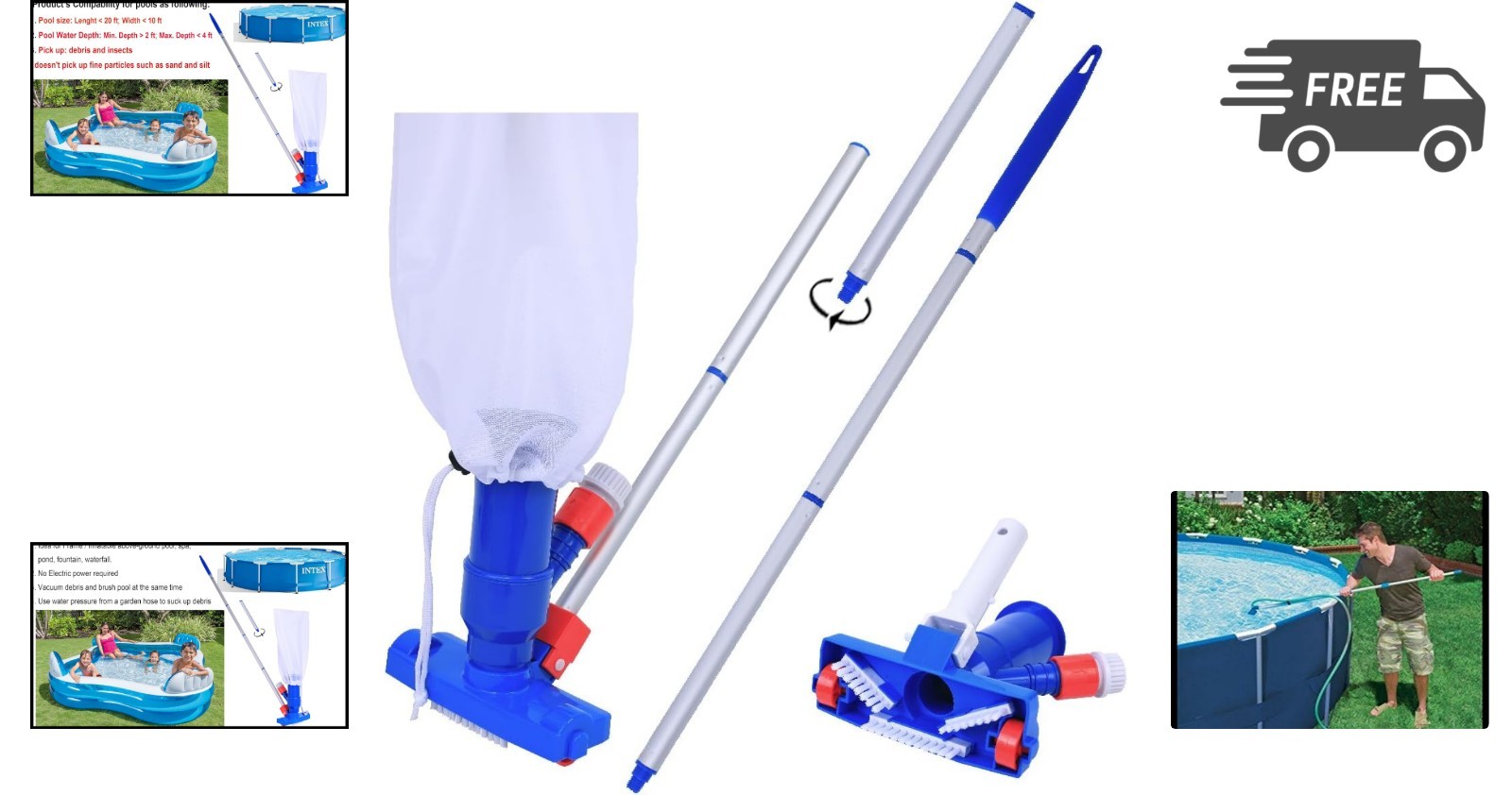 Pool Vacuum Garden Hose Water Powered Portable Telescopic Pole for Abovegroun…