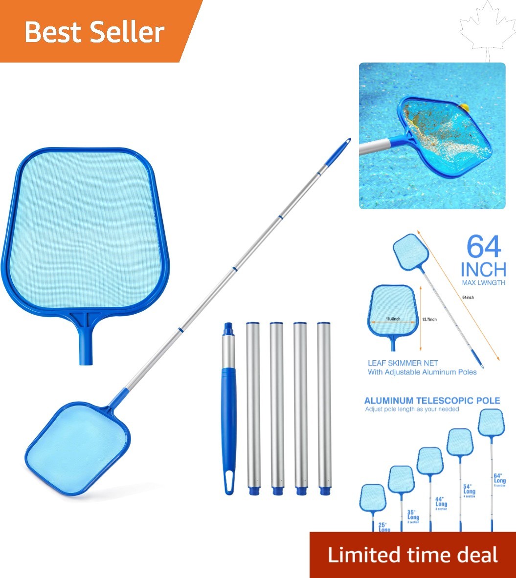 Elegant 5-Section Pool Skimmer with Ultra-Fine Mesh & Adjustable 64-Inch Pole
