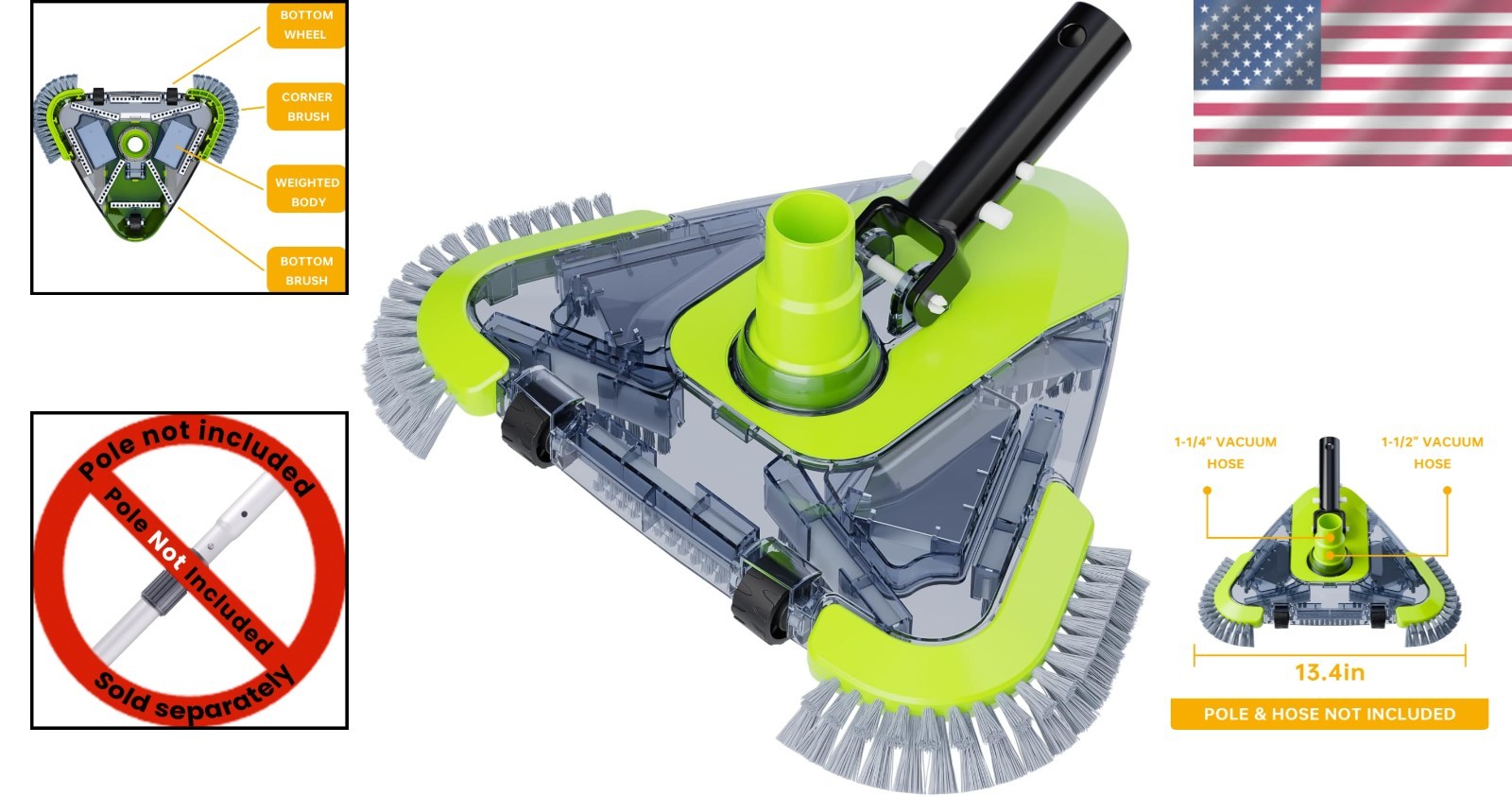 Weighted Triangular Pool Vacuum with Non-Slip Wheels for Inground/Above Ground