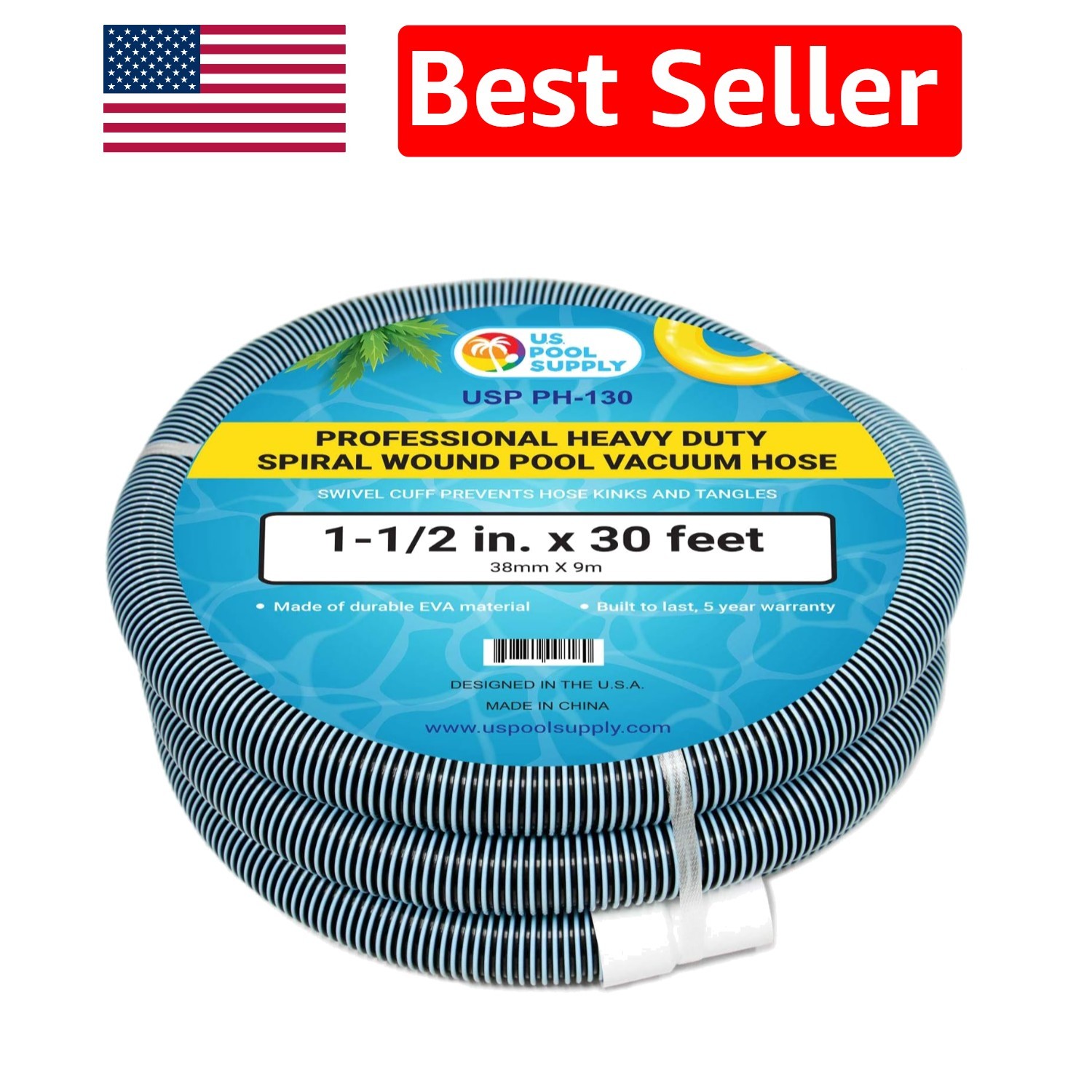 30-Foot Spiral-Wound Pool Vacuum Hose with Kink-Free Swivel Cuff – UV Resistant