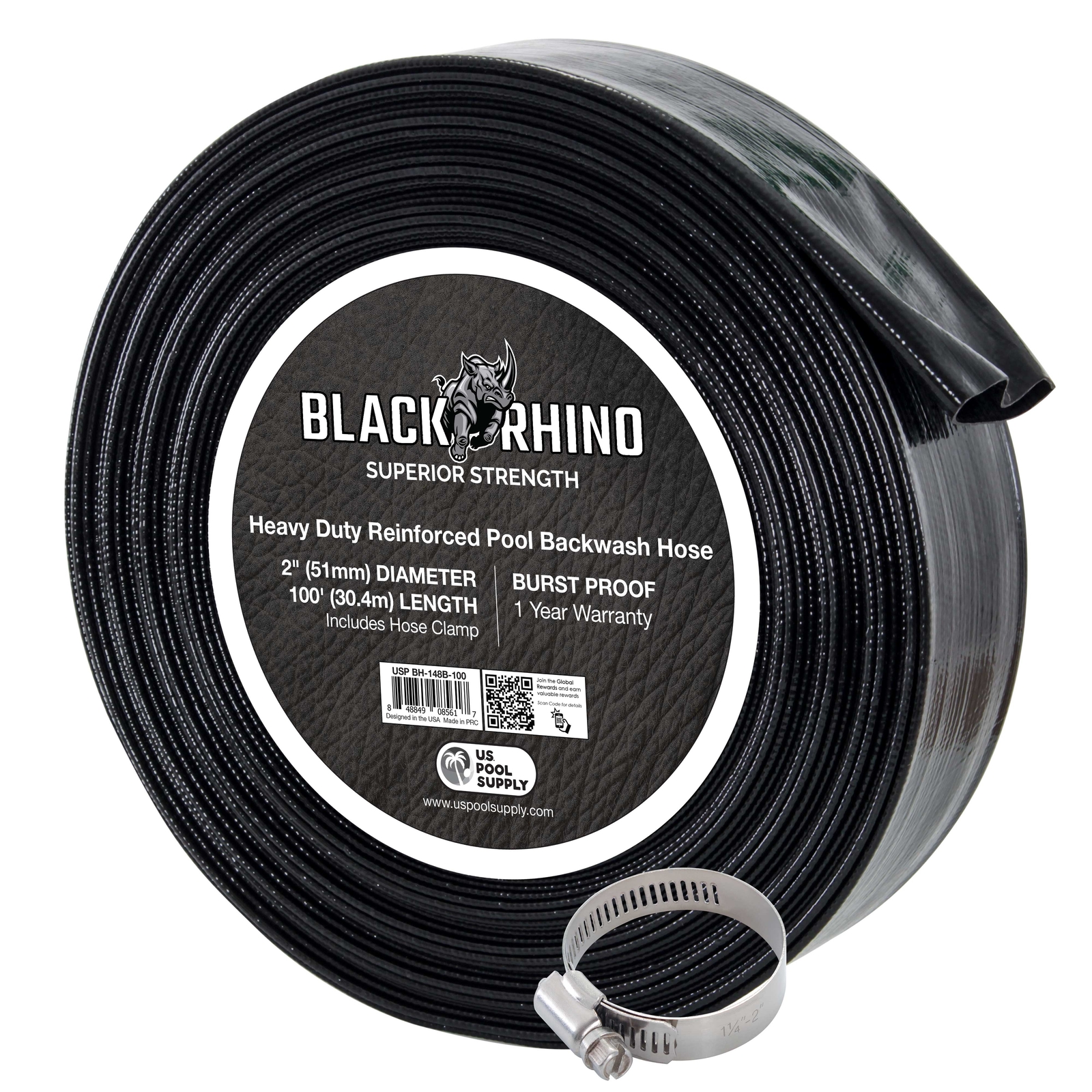 U.S. Pool Supply Black Rhino 2&Prime; x 100&prime; Pool Backwash Hose with Hose Clamp