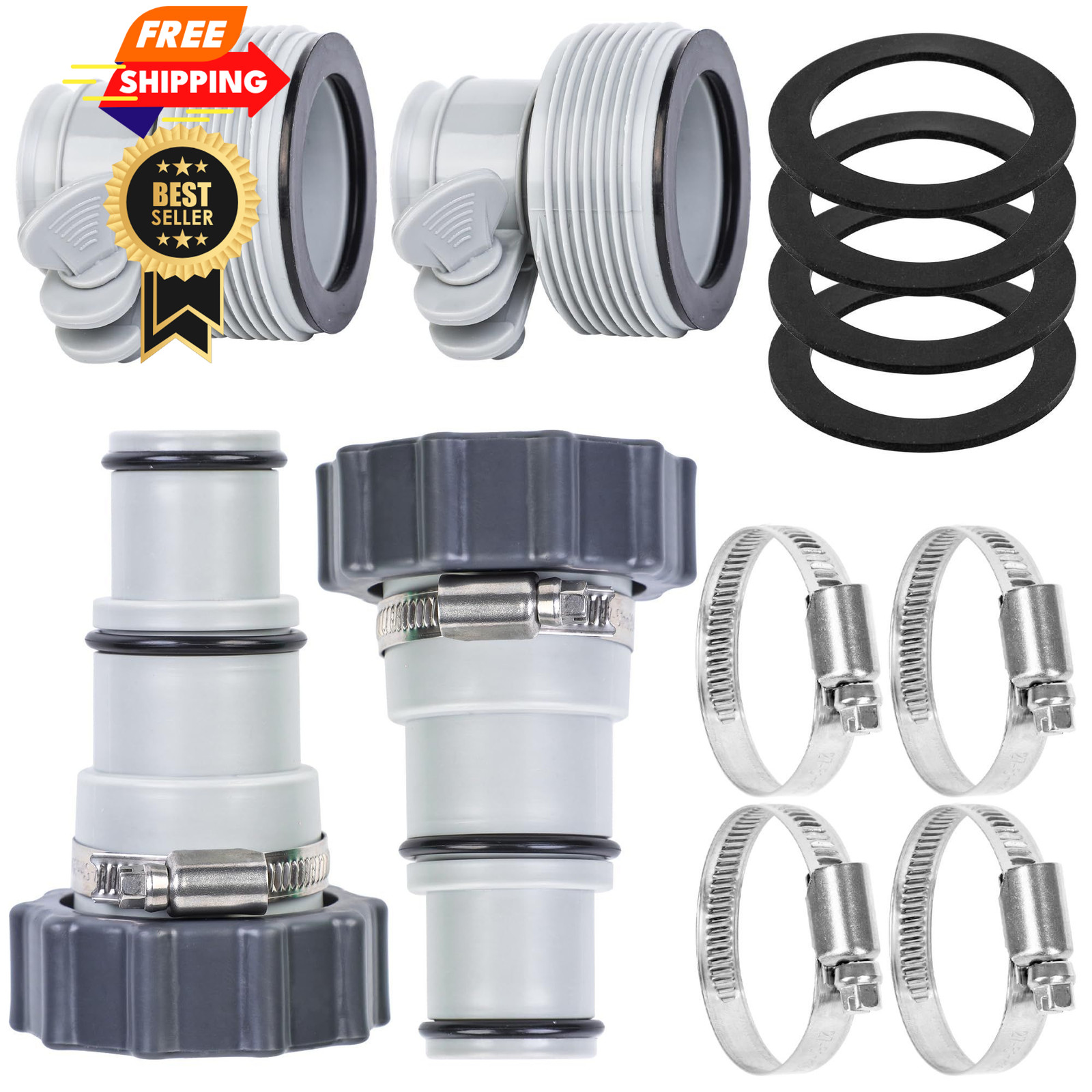 4 Pack Pool Hose Adapter with Clamp Washer 2 Types 1.5 inches, Gray