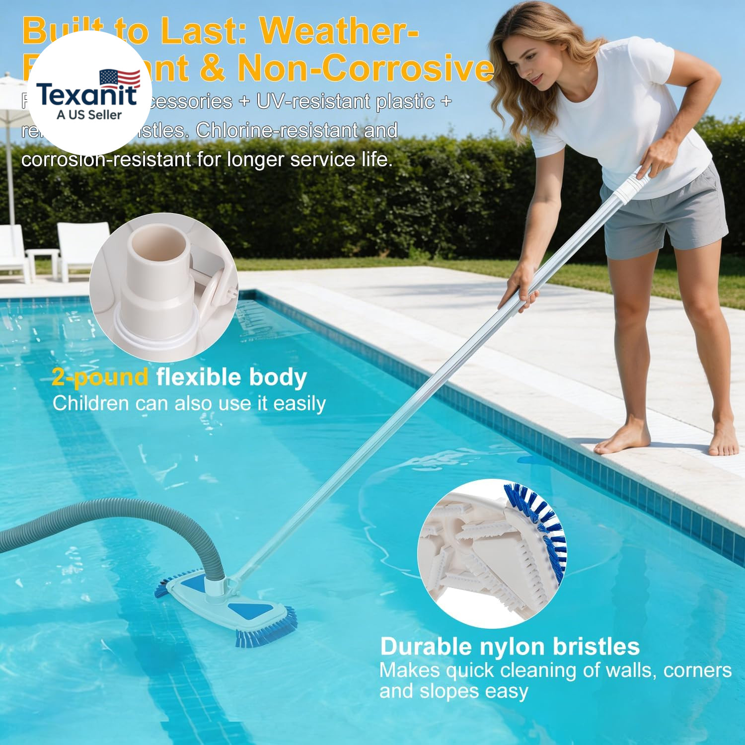 Weighted Pool Vacuum Head with Side Brushes, 13.5&Prime; Deluxe Manual Pool Cleaner He