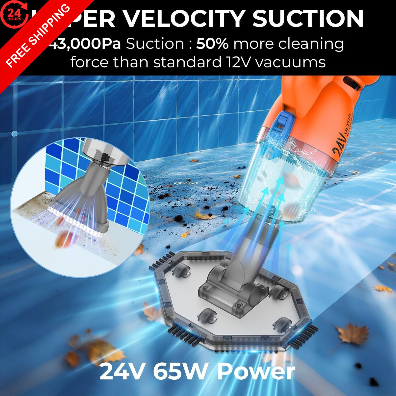24V Cordless Handheld Pool Vacuum – 43,000Pa Hyper Suction, ULTRA 65W