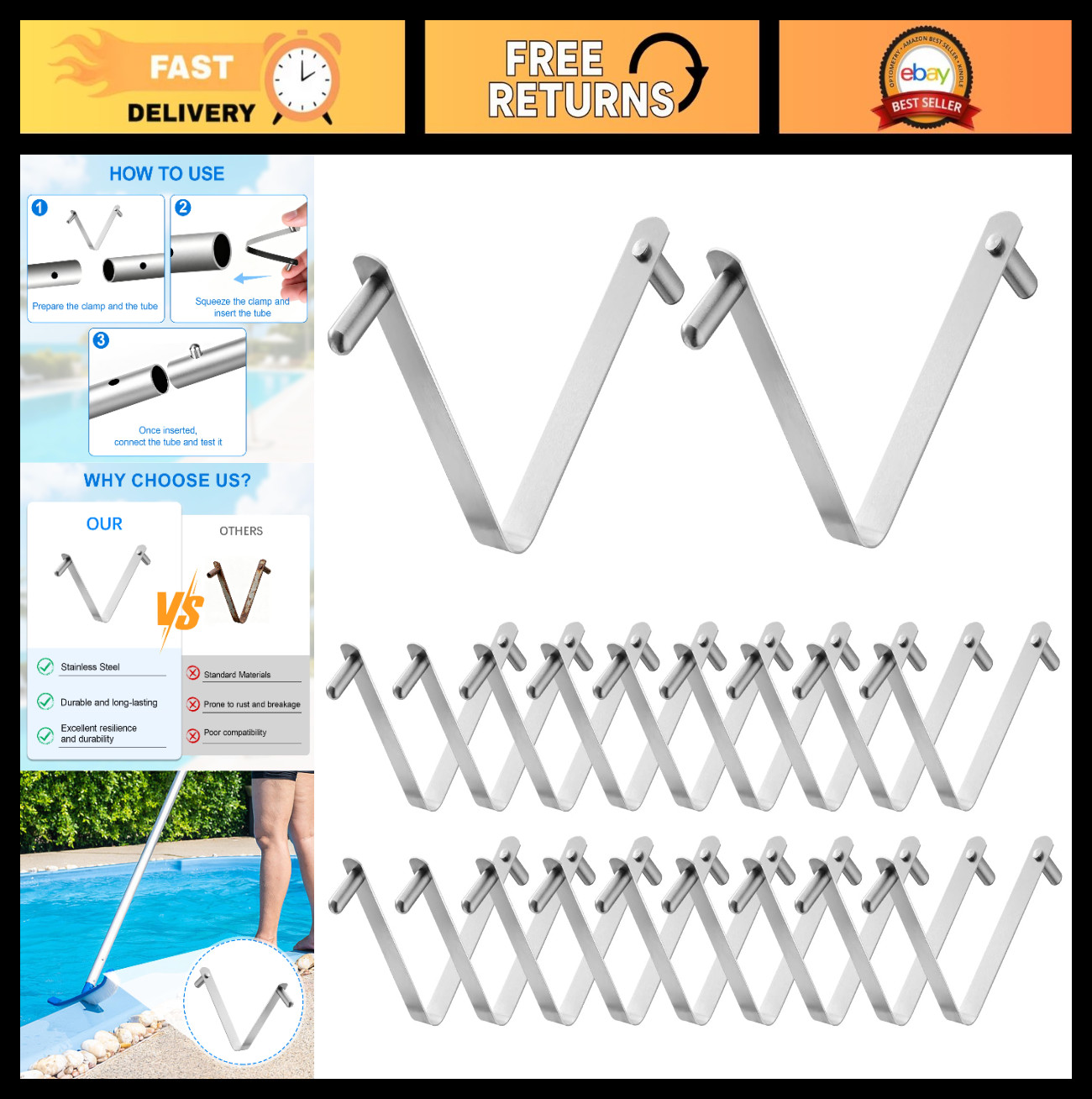 20 Pack Stainless Steel Pool Pole Clips V-Clips for Skimmer Brush & Vacuum Handl