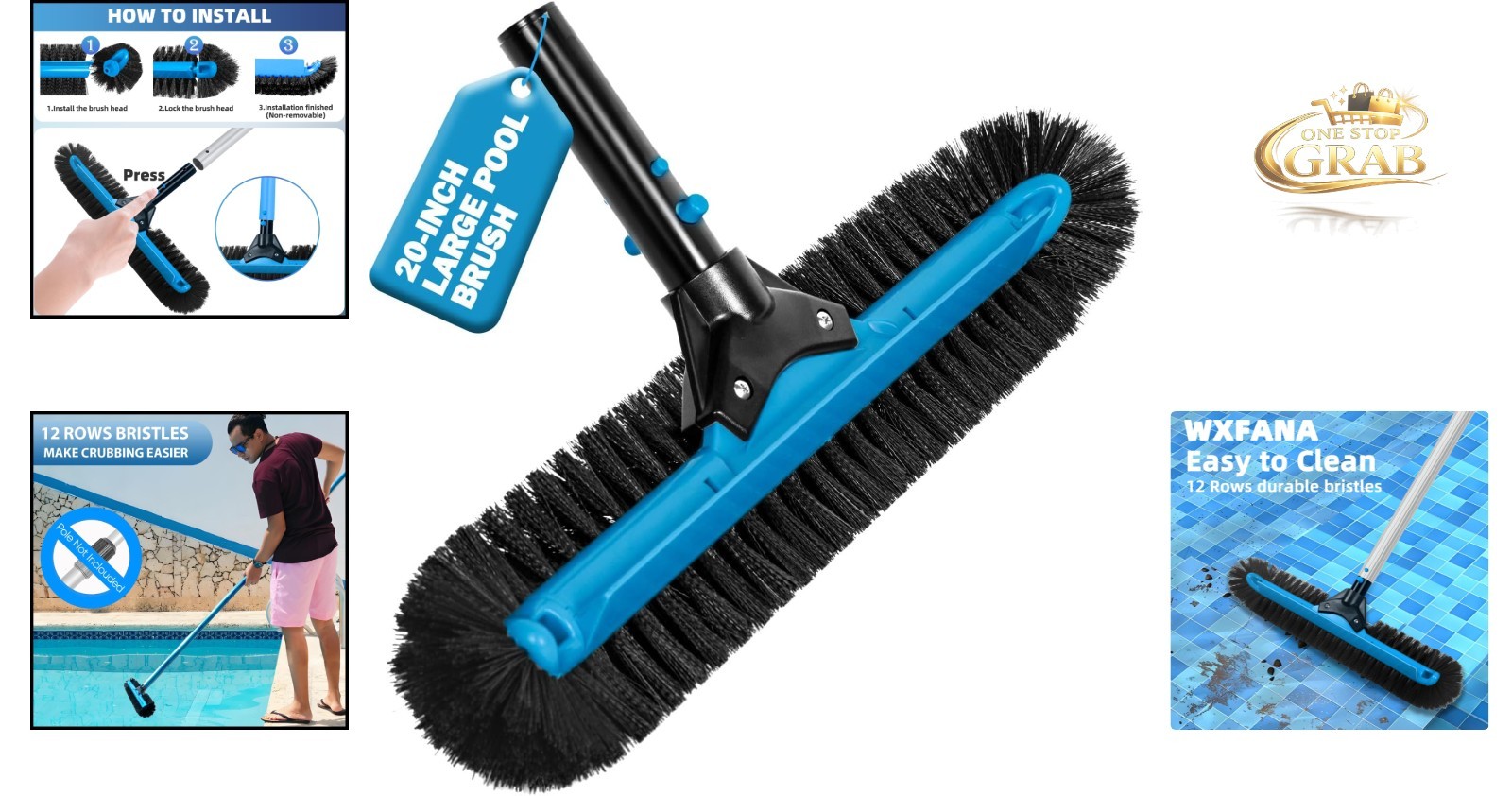 20-Inch Heavy Duty Pool Brush with 12 Rows Soft Bristles Vinyl Safe