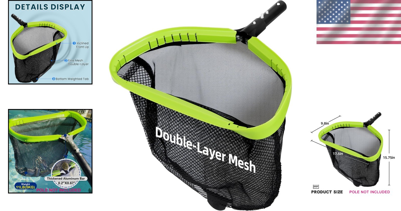 Durable 17.5 » Pool Skimmer Net – Weighted Design for Effortless Debris Removal
