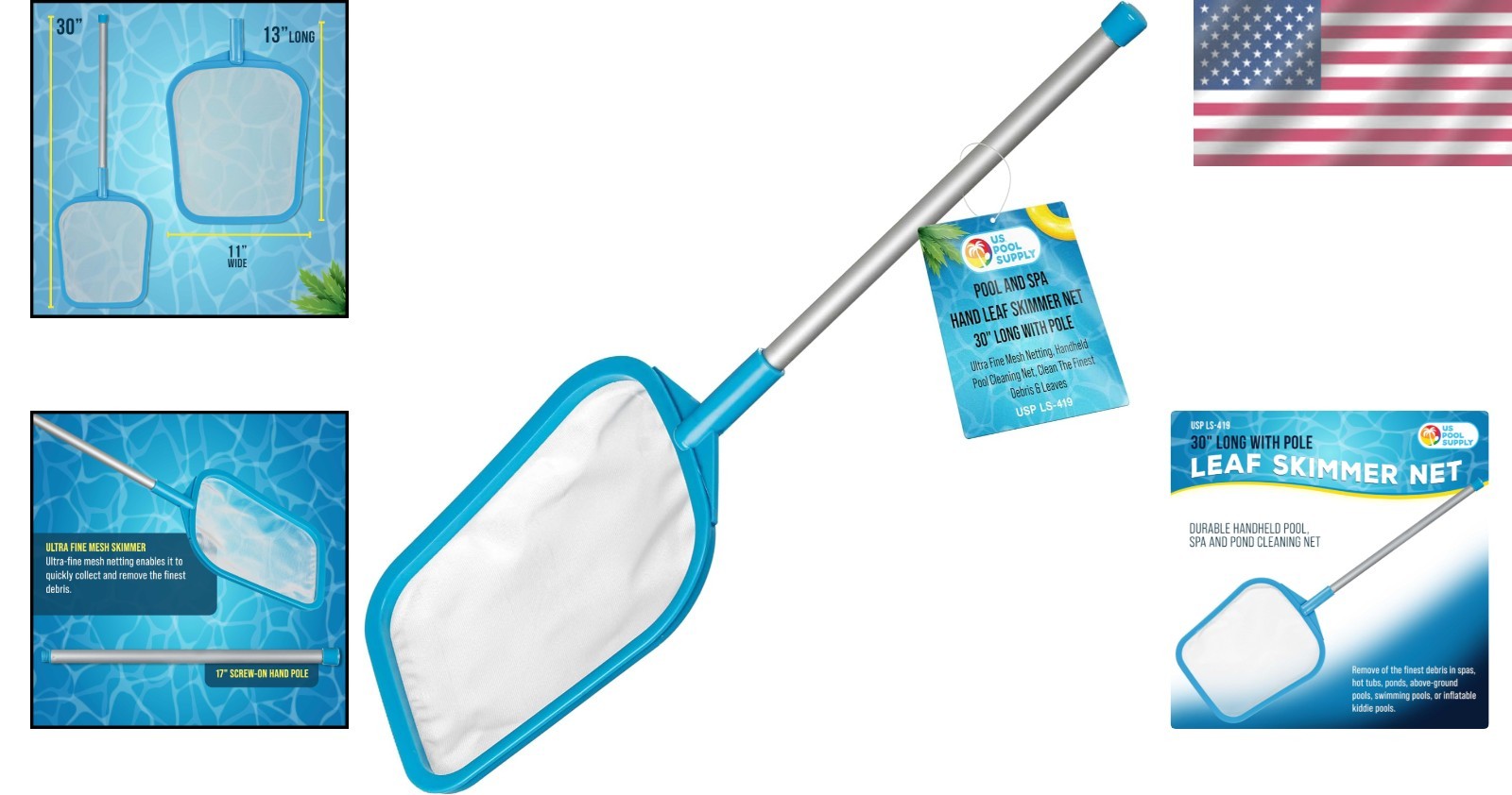 Teal Blue Handheld Pool Skimmer Net with 17-Inch Pole for Effortless Cleaning