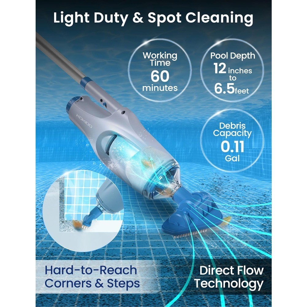 Cordless Handheld Pool Vacuum Cleaner with 6ft Pole and 2 Brushes, Rechargeable