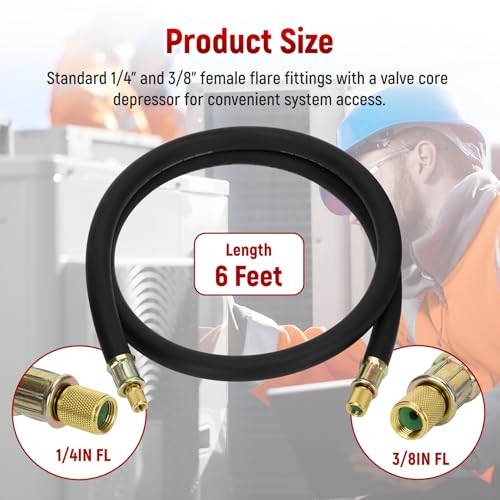 High Flow HVAC Vacuum Hose 1/2&Prime; ID – 3/8&Prime; to 1/4&Prime; Fittings, 6FT Refrigerant