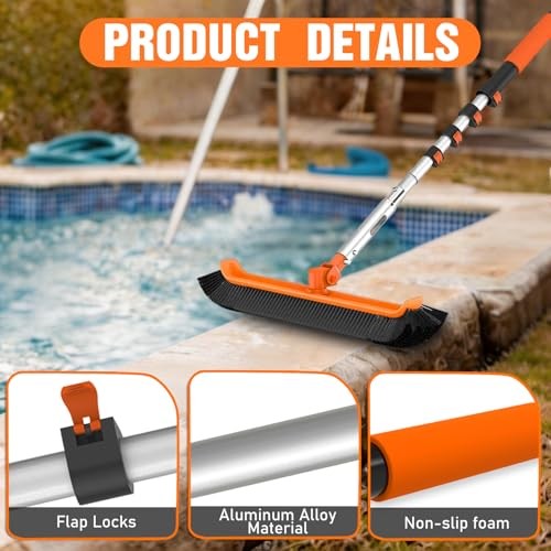 Pool Brush with Pole Heavy Duty Telescopic Pool Pole with 18&Prime; Pool Brush, 16FT