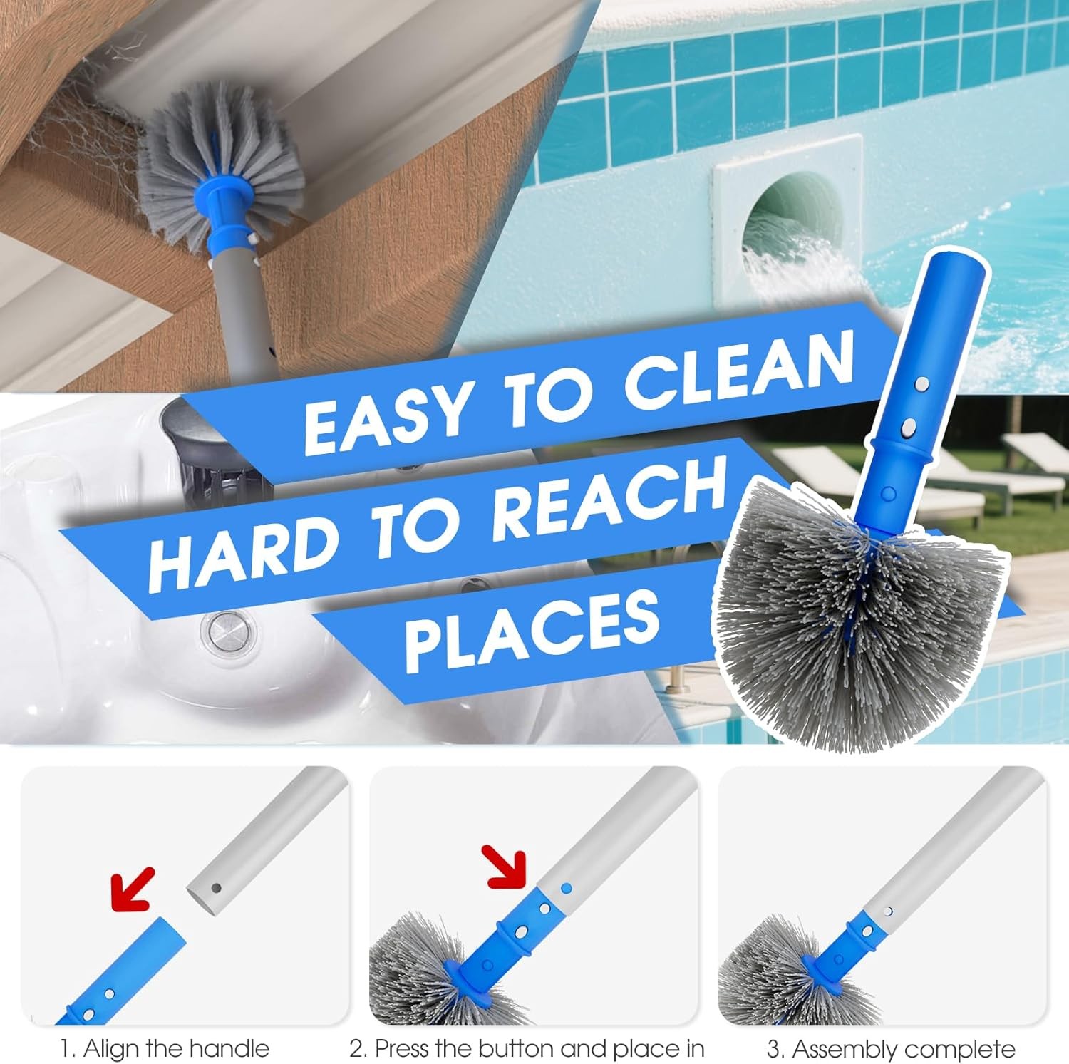 3-in-1 Pool Cleaning Kit Full Set 18in Rounded End Pool Brush & Ergonomic Pool