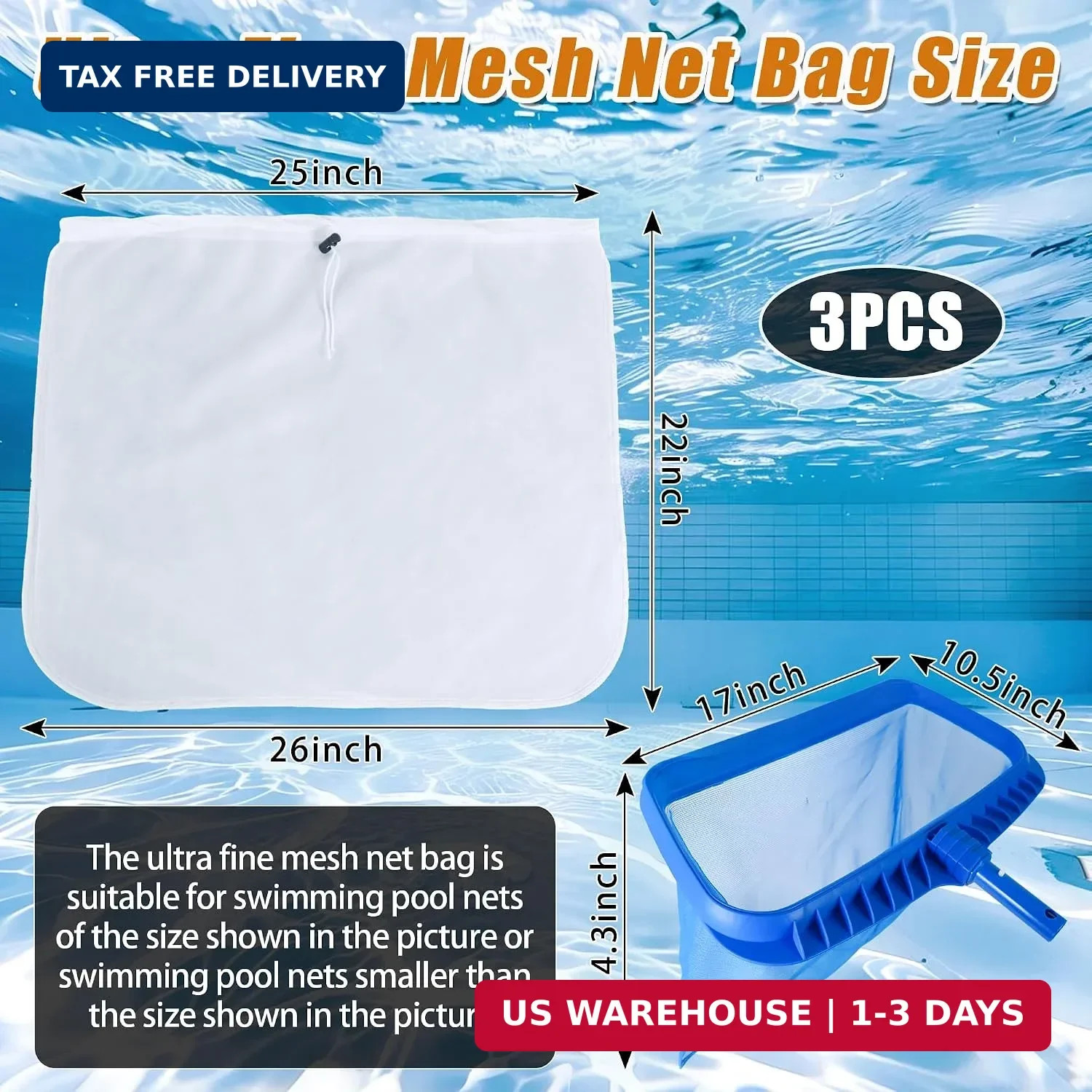 3 Pcs Ultra Fine Mesh Pool Skimmer Net Insert 26x22in Collect pool garbage | Cle
