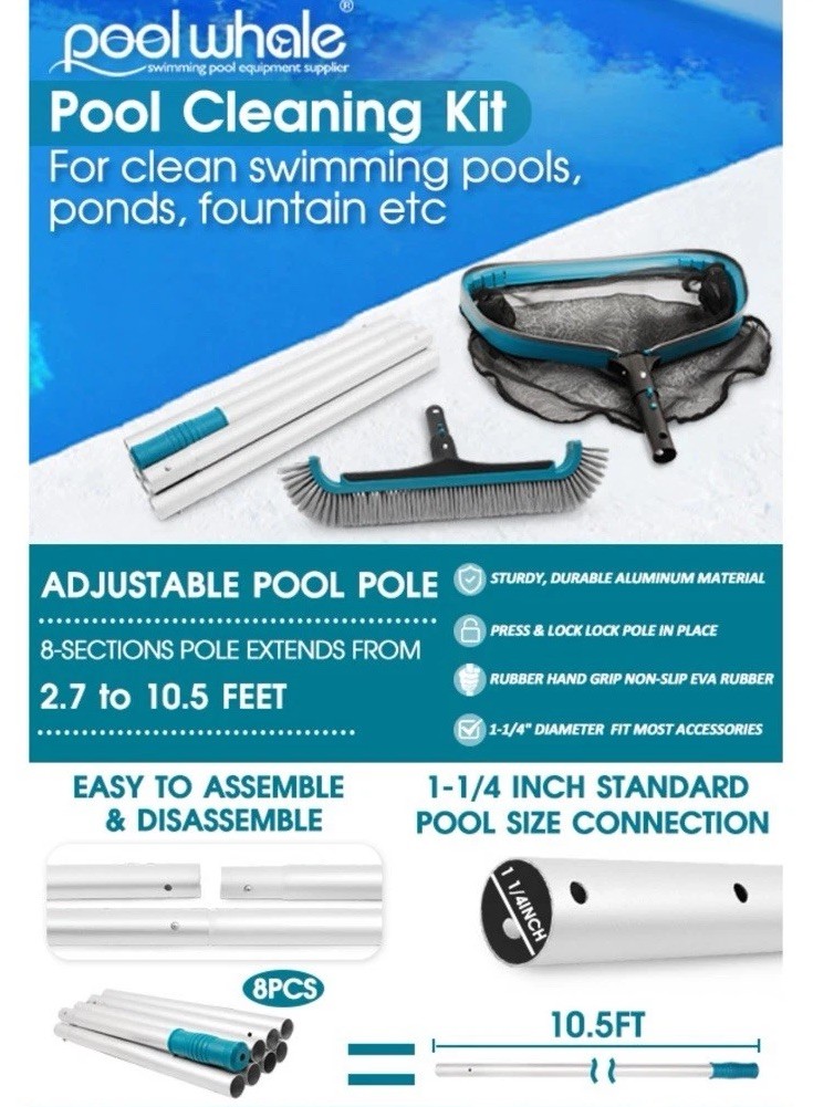 Swimming Pool Cleaning Kit-Aluminum Frame Skimmer Net with 10Ft Adjustable Pole