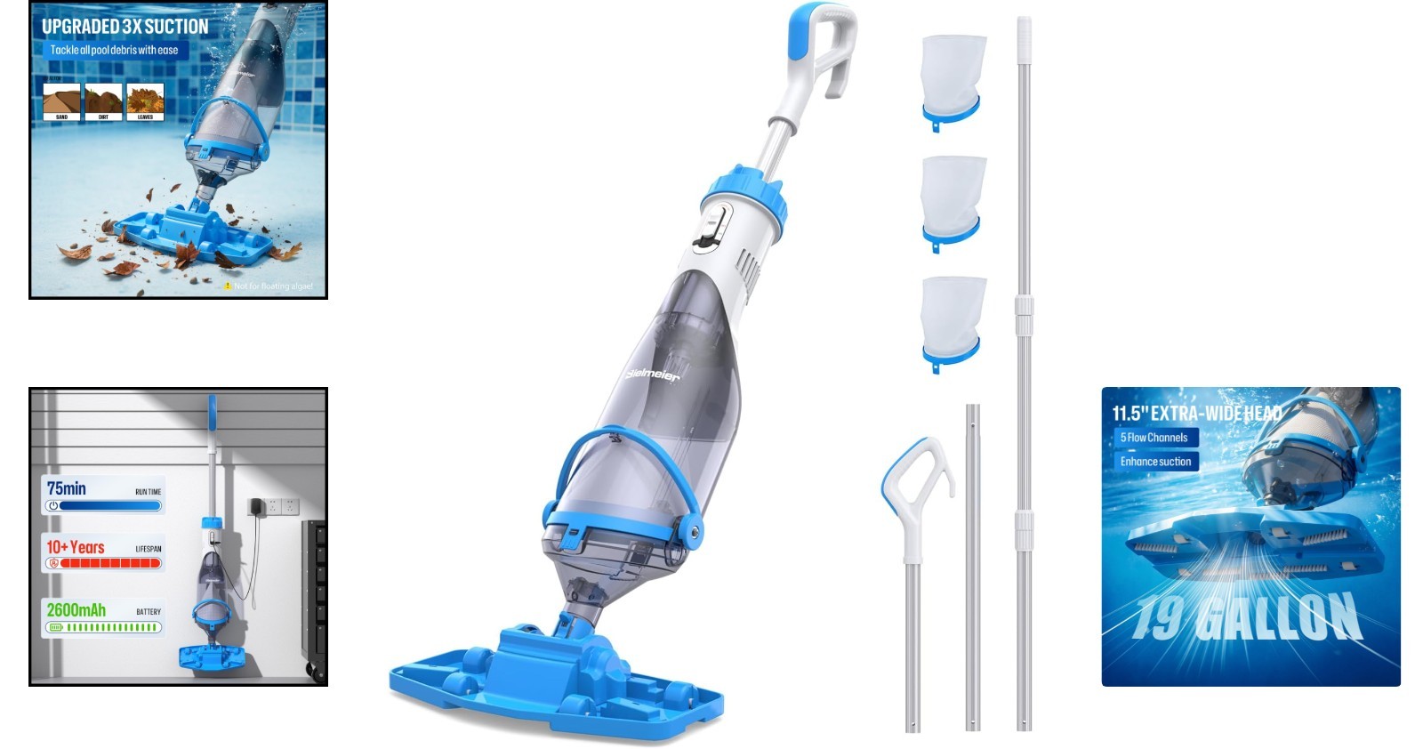 Rechargeable Handheld Pool Cleaner with 9 ft Telescopic Pole—Ideal for All Pools